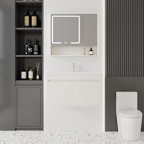 Miniatura 35 de Tocador de baño de 20 pulgadas con lavabo de cerámica, tocador de baño pequeño montado en la pared con puerta de cierre suave, gabinete flotante