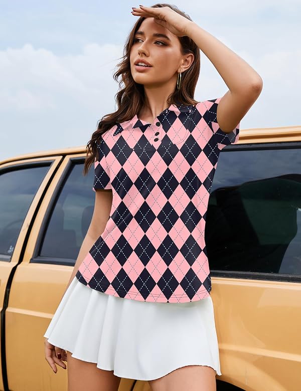 Rapbin Polo Shirt for Women 2026 Spring Summer Collared Polos T Shirts Short Sleeve V Neck Cute Tops Clothes Diamond Check L by Rapbin - Used condition - Image 9