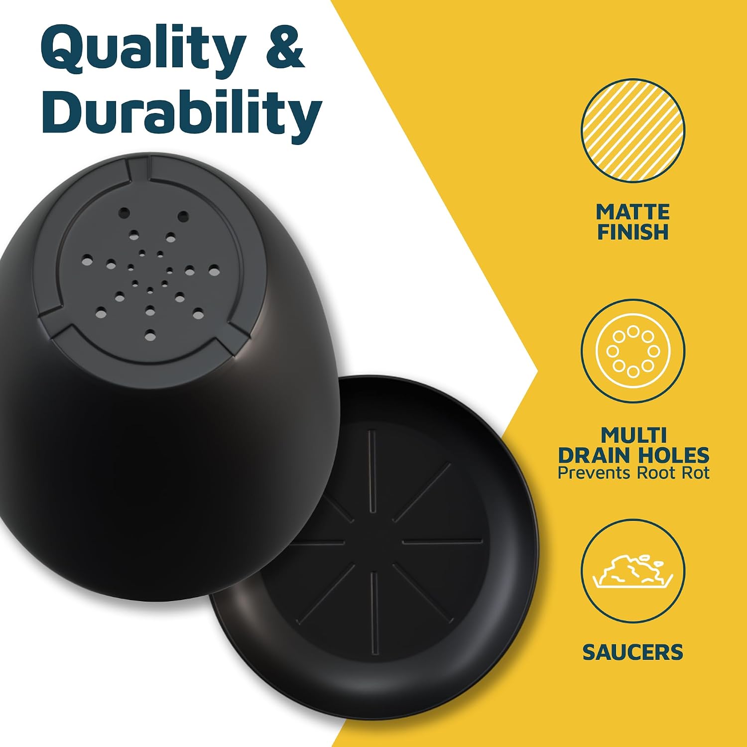 Black Plant Pots with Drainage Holes & Saucers 15 Pack, Indoor & Outdoor Stackable Space-Saving Planters for Houseplants & Flowers, (7", 6.7", 6", 5.3", and 4.8" Inches), Durable & Weatherproof