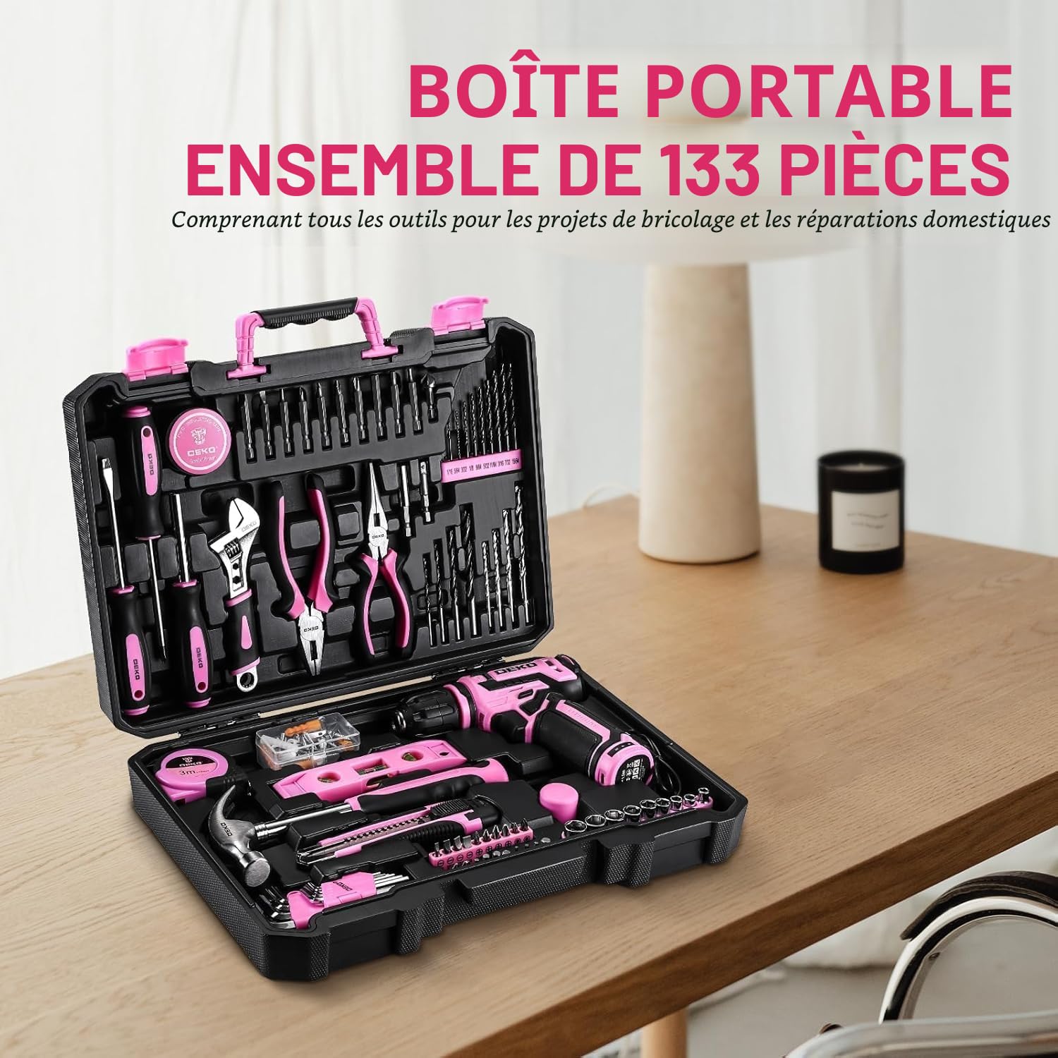 boite a outils complete 133 pièces - DEKO PRO Mallette à outils rose pour réparations domestiques et bricolage, avec perceuse visseuse électrique 12 V pour percer et serrer/desserrer les vis