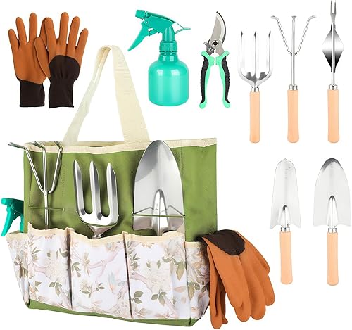 Herramientas de jardinería resistentes, juego de herramientas de jardín de 9 piezas, acero inoxidable, a prueba de óxido, antideslizantes,
