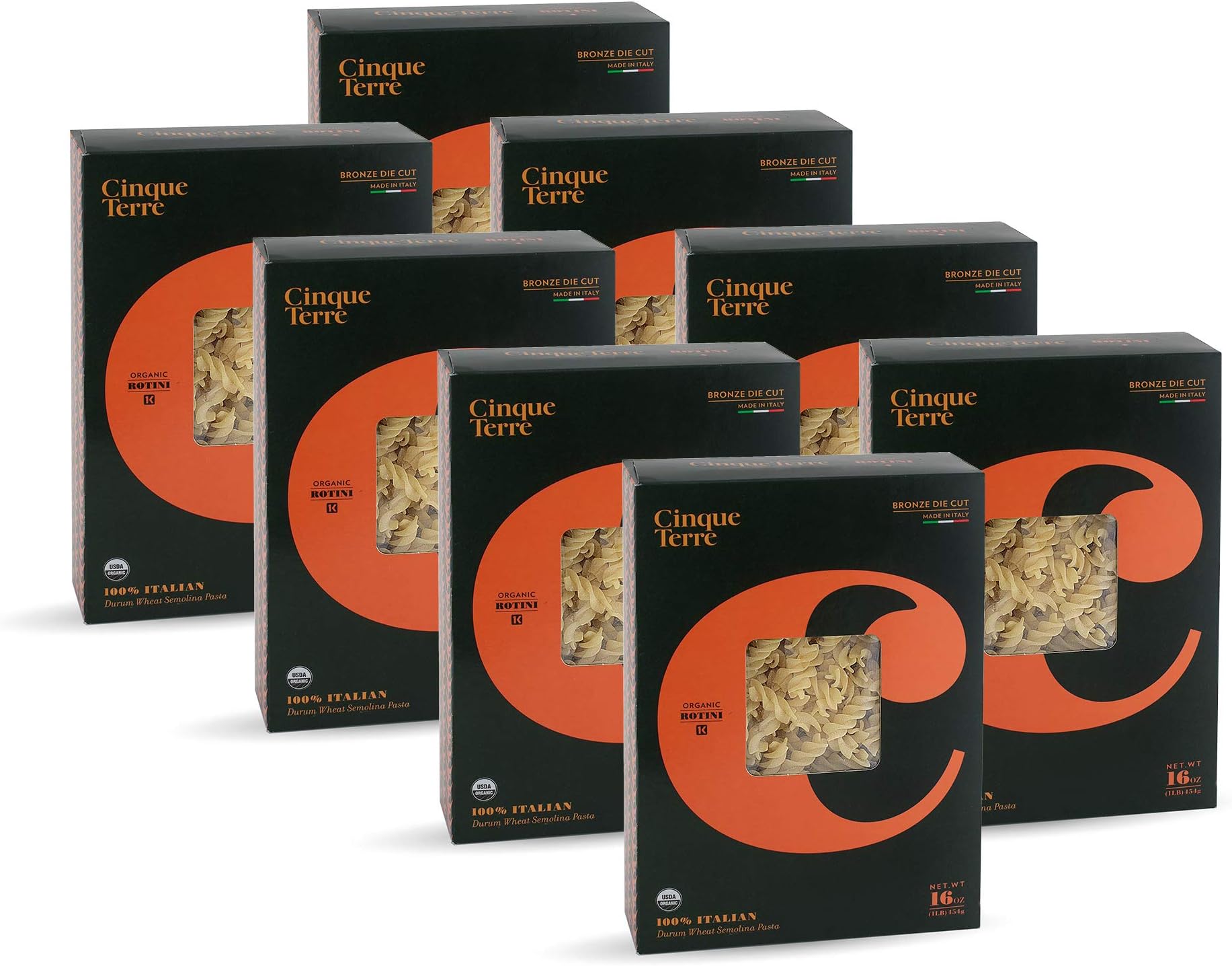 Cinque Terre Pasta Organic Durum Wheat Bronze Die Cut Italian Pasta, Rotini, 16 Ounce (Pack of 8)
