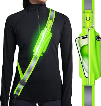 Ylzzrs Reflective Sash Gear for Walking at Night,LED Reflective Belt Safety Lights,Lights for Night Dog Walking,High Visibility Type-C Rechargeable with Phone Holder for Men Women