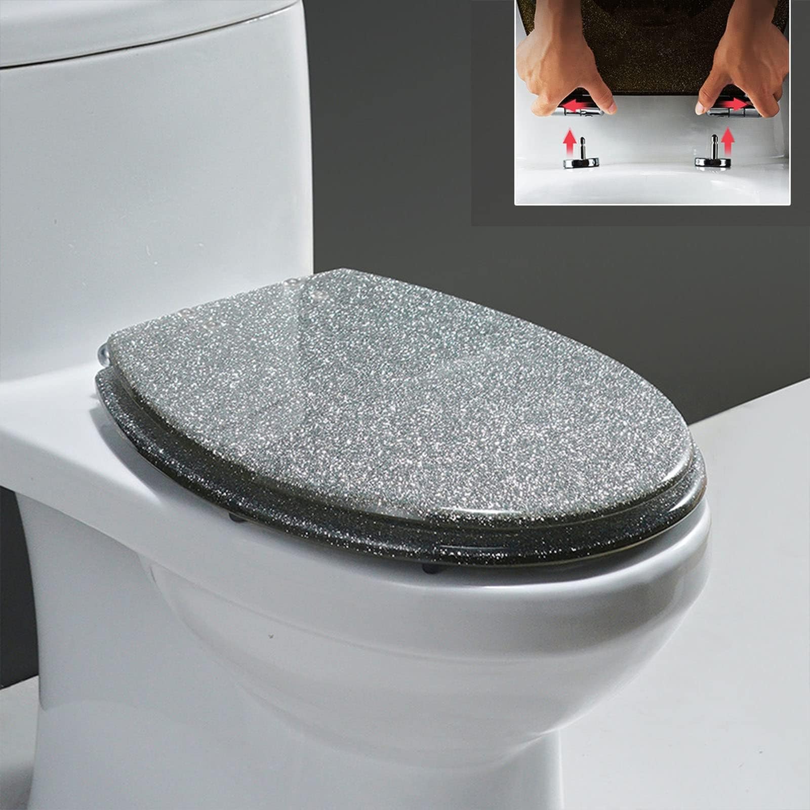 Sturdy Glitter Toilet seat, Hinges Silver, Adjustable, Lightweight, Durable, Portable, User-Friendly, Compact, Soft, Close, Quick, Release, lid