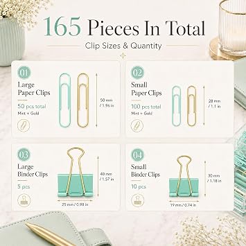 Paper Clips and Binder Clips Set, Green & Gold, Assorted Size Clips