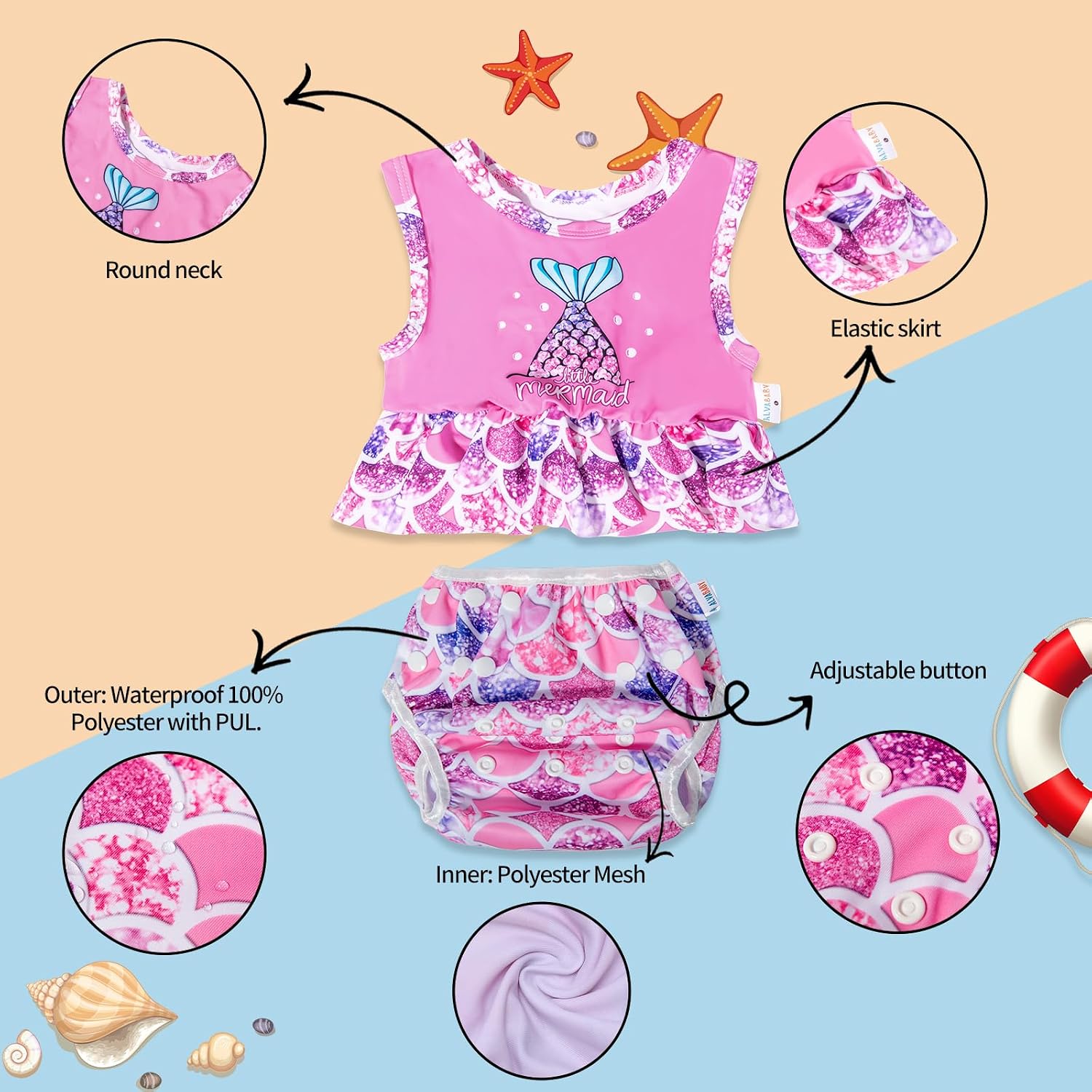 ALVA Toddler Baby Girl Swimsuit,Infant Bathing Sleeveless Bikinis Swimwear,Baby Reusable Swim Diaper with Matching Top