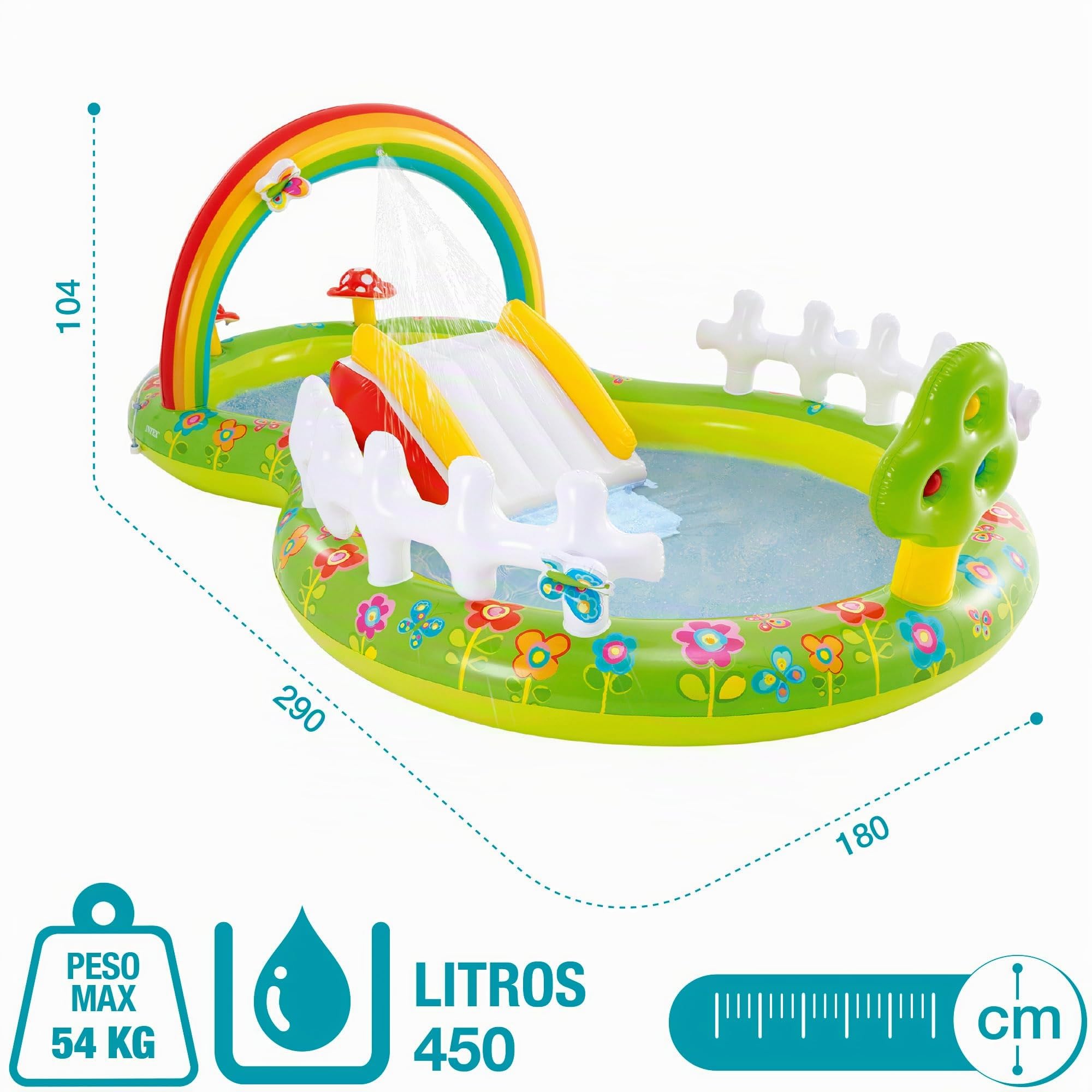 INTEX 57154 - Piscina infantil hinchable con dispersor de agua y tobogan jardin, centro de juegos para niños
