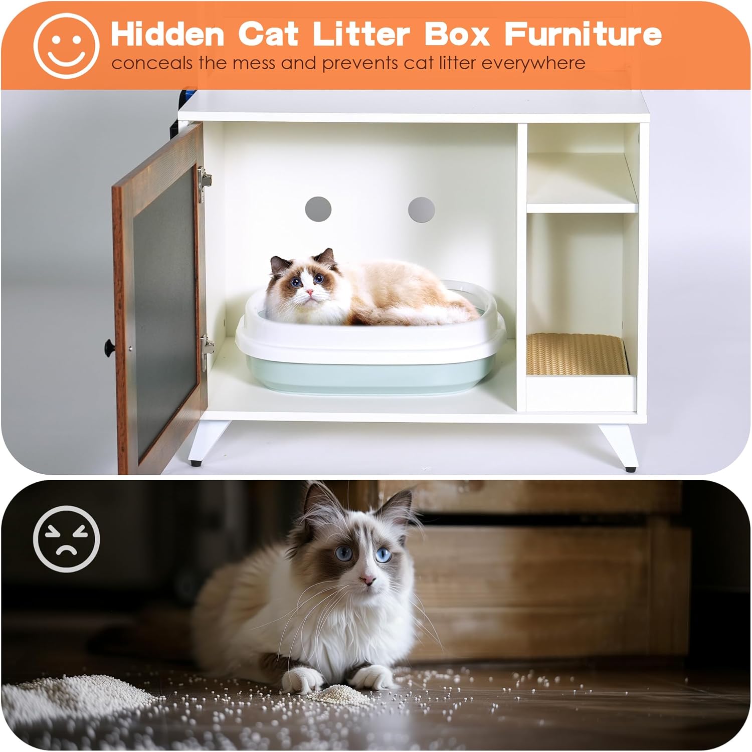 Large Cat Litter Box Enclosure with Shelf Storage, Hidden Cat Washroom Furniture, Wooden Cat House with Scratch Pad, Sturdy Indoor Cat Cabinet with 2 Doors, white
