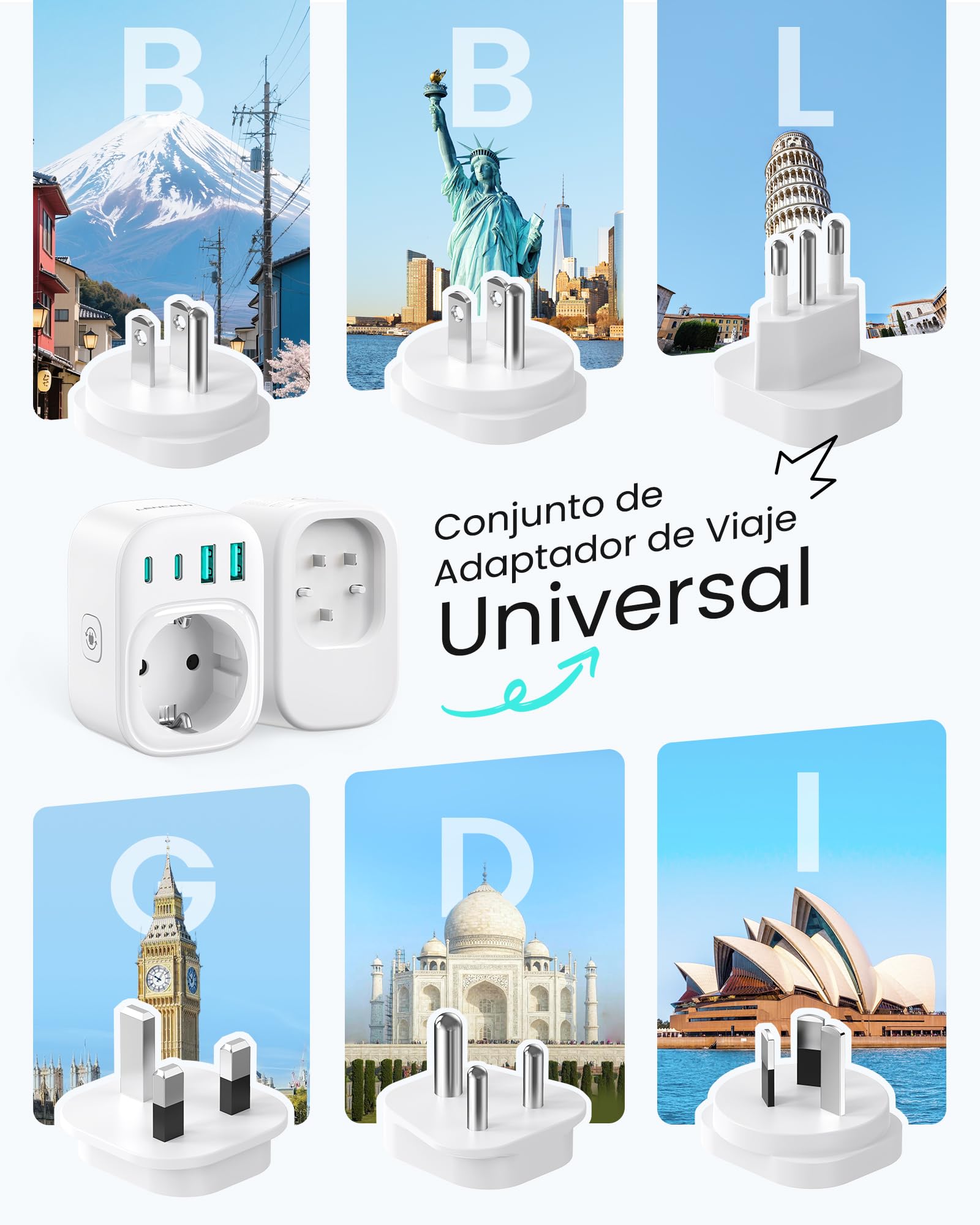 LENCENT Adaptador Enchufe Viaje Universal Tipo B, L, D, G, I,Adaptador Internacional 6 Enchufes Reemplazables para EE.UU., UK, Costa Rica, México, Tailandia, Maldivas, Sri Lanka y Australia