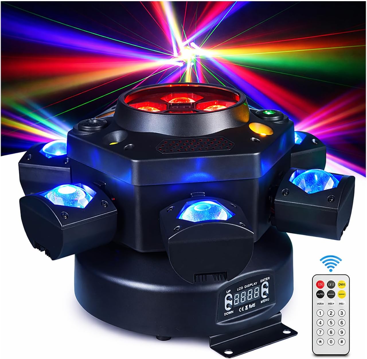 150W Moving Head DJ Light – 6-Arm Spider Beam & Bee-Eye Wash Hybrid + Red/Green Laser & Amber Strobe – DMX512 & Remote Control for Wedding Stage Party Lighting