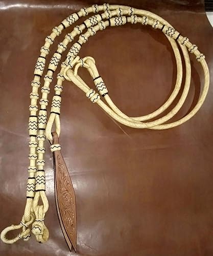 Miniatura 2 de Nudos naturales y negros de piel cruda, tachuelas de caballo trenzadas a mano Romal Romel Reins Ranch Cuerdacuerda Reins-8.5 pies, 52 pies Romel