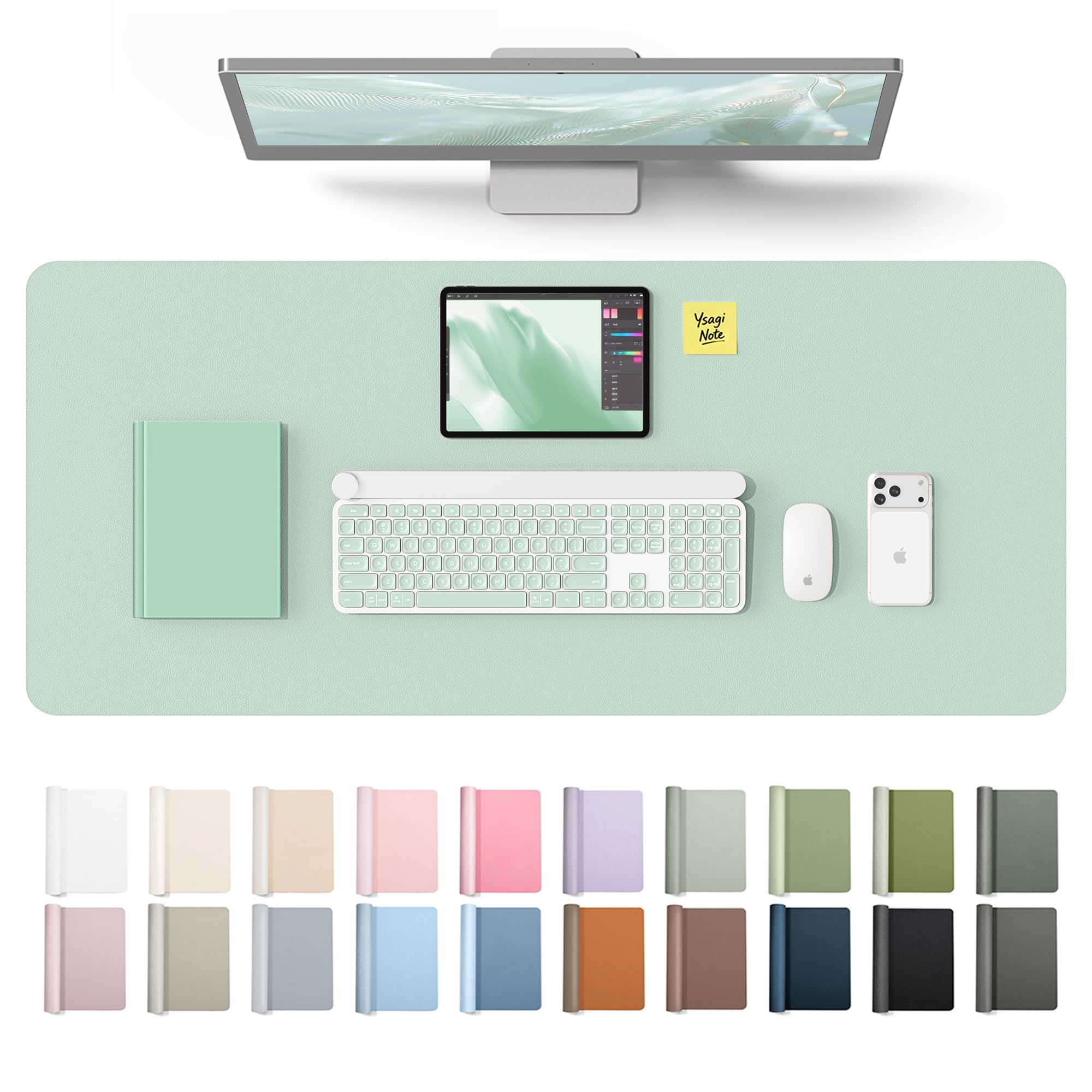 YSAGi Leather Desk Protector, Office Mat, Large Mouse Mat, Non-Slip PU Leather Blotter, Laptop Desk Mat, Waterproof Writing Pad for Office and Home(Pale Green, 42" x 17.2")