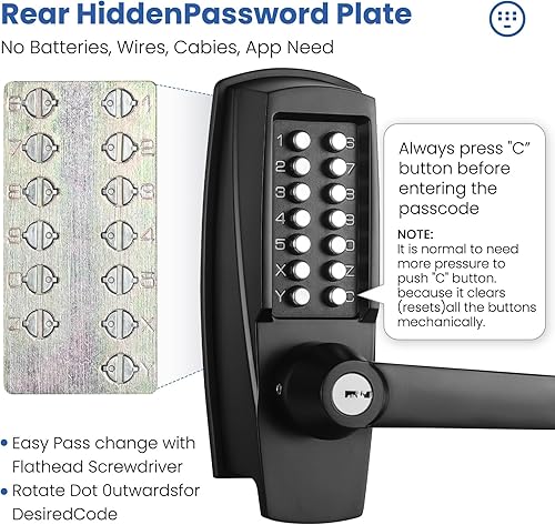 Miniatura 3 de Cerradura de Puerta de Entrada Sin Llave con Manija - Sin Baterías Cerradura de Puerta Comercial con Teclado - Fácil de Instalar y Usar - Resistente
