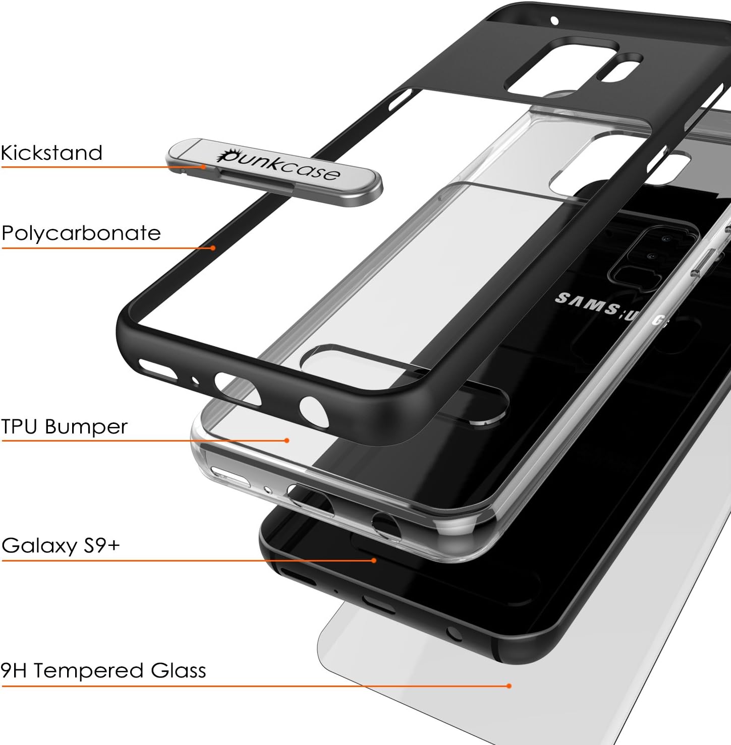 Galaxy S9 Plus Case, PUNKcase [Lucid 3.0 Series] [Slim Fit] [Clear Back] Armor Cover w/Integrated Kickstand, Drop Protection & PUNKSHIELD Screen Protector for Samsung Galaxy S9+ [Black]