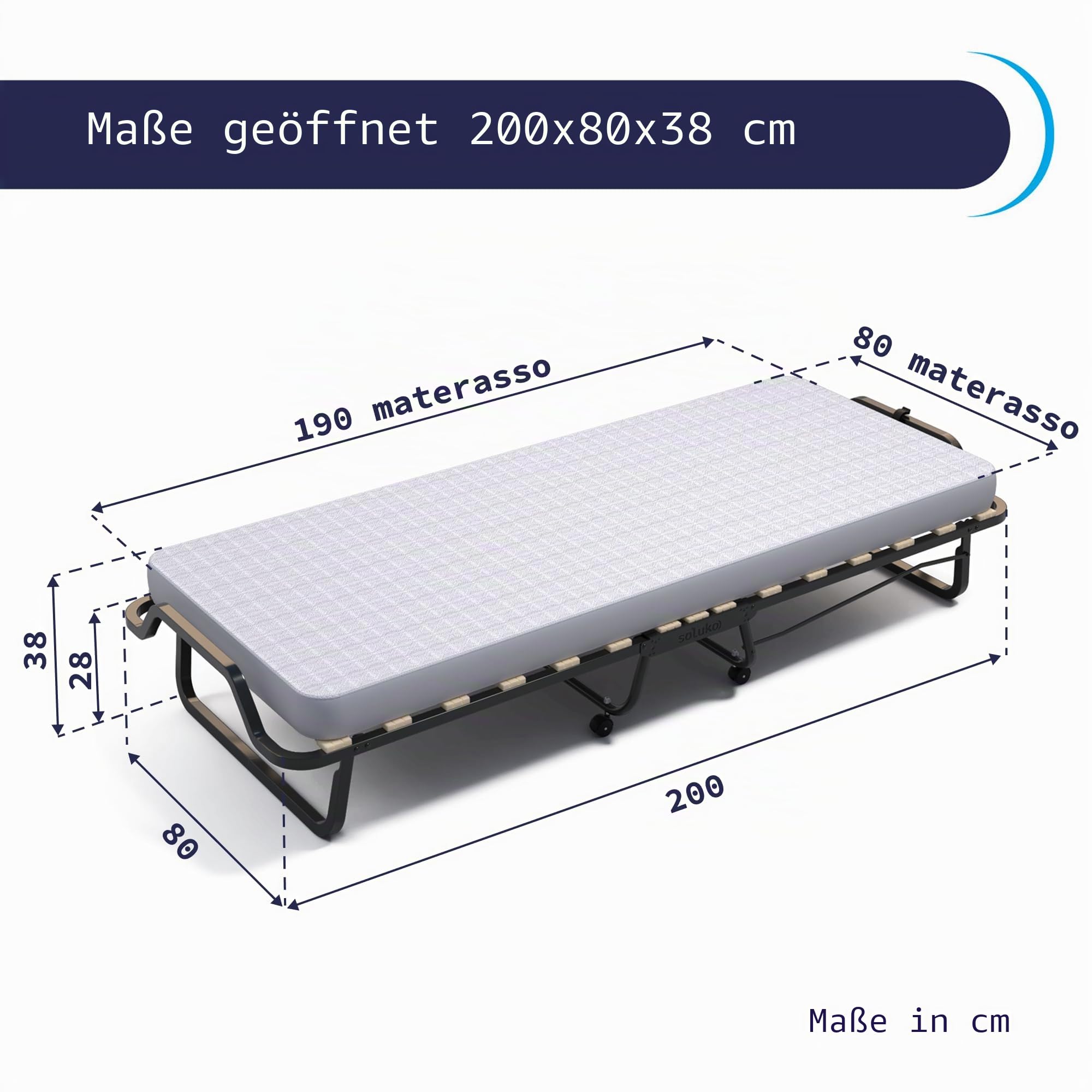 soluko Klappbett 80x200 mit Lattenrost, Memory-Foam-Matratze, Staubschutzbezug inklusive, Stabile Konstruktion mit 4 Lenkrollen – Made in Italy