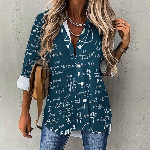 Miniatura 2 de Physical Mathematics Science Formula Long Sleeve Casual Shirts for Women Irregular Hem Button Down Tees V Neck Womens Blouse