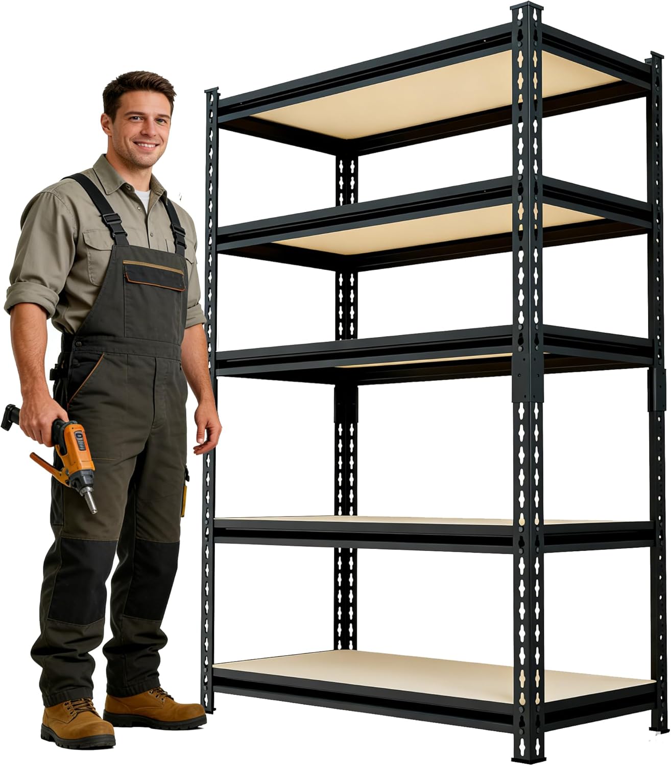 60" H x28 W x12 D: Father&I 5-Shelf-Storage-Rack Metal+Wood Garage/Kitchen Pantry Shelves Steel Utility Stand Shelving Unit Adjustable Heavy-Duty Shed Closet/Attic/Laundry Organizer, Black