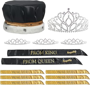 Andersons Regal Elegance Black/Gold Prom King, Queen & Court Coronation Set, Crown, Tiaras, Sashes, Glitter Pins, School Spirit Royalty Accessories, 21 Piece Set