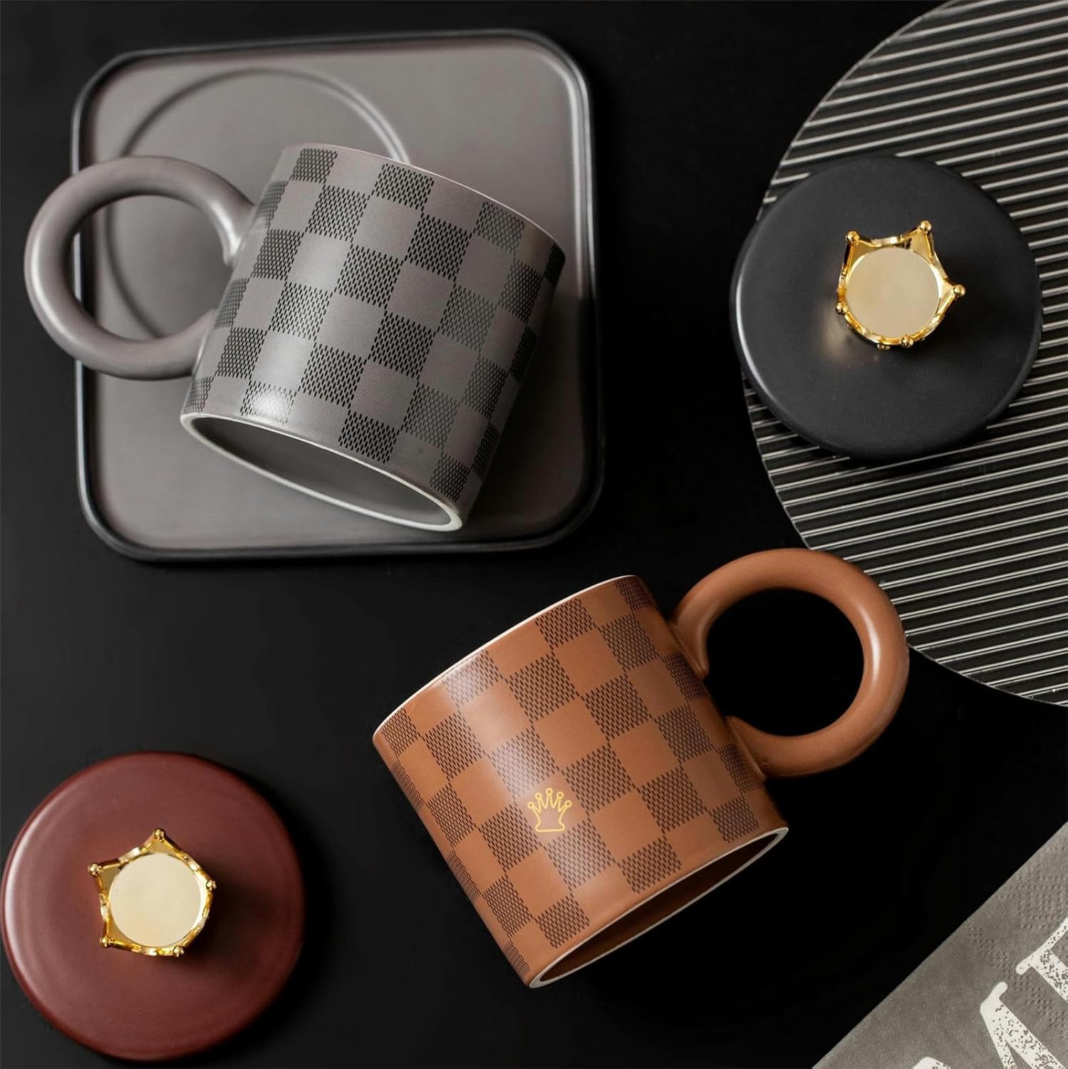 260ml Creative chessboard ceramic cups and plates with lids, large round handles, mugs, microwave ovens, office and home coffee cups-coffee