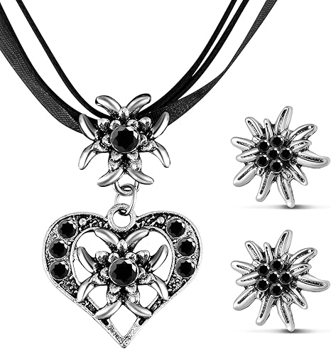 Aurasky Set di Gioielli Tradizionali, Bavaresi Collana Tedesca Orecchini in Stella Alpina Sstrass, Gioielli Donna per Vestito Alla Tirolese e Pantaloni di Pelle per l`Oktoberfest (Rosso