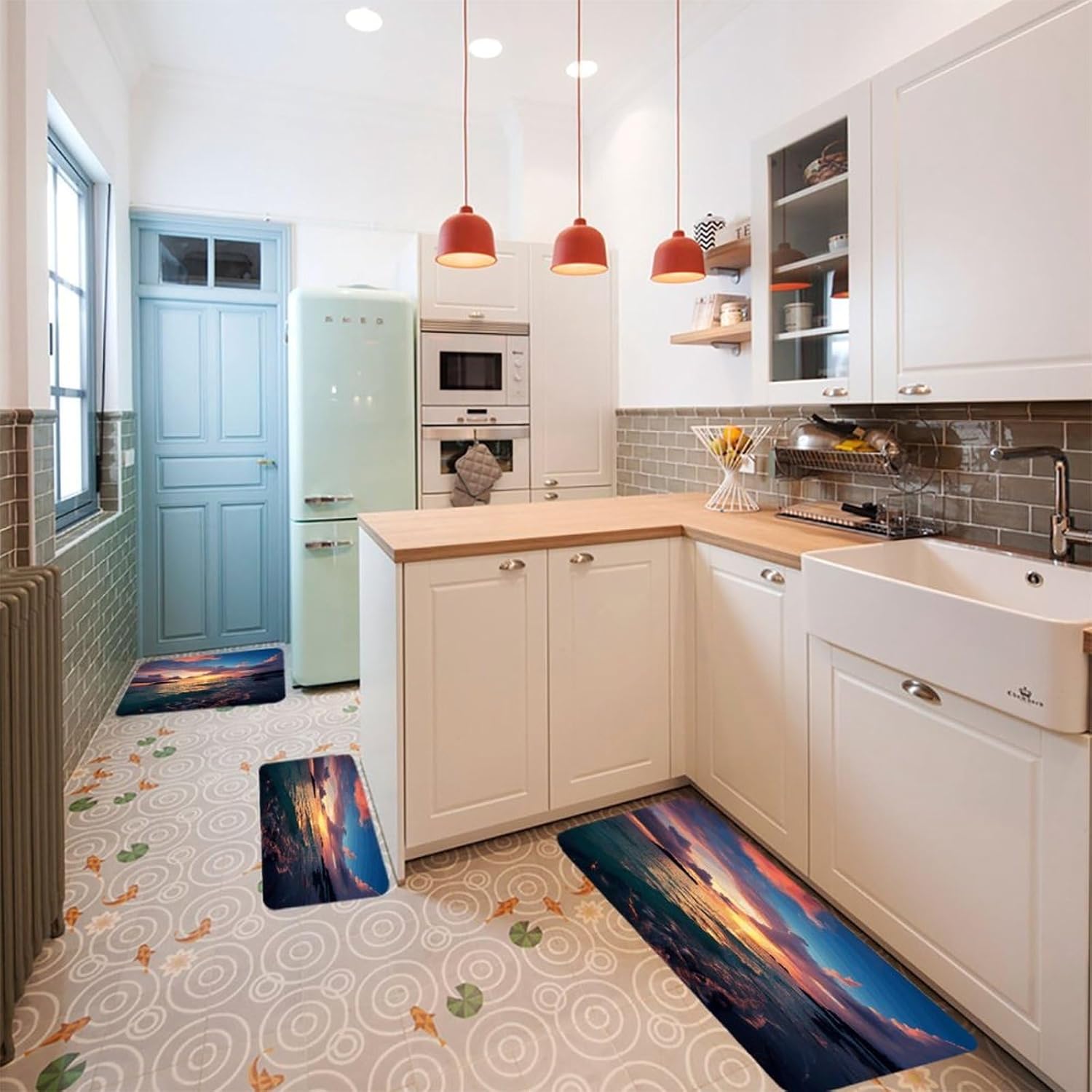 Ocean and Sunset Kitchen Rugs Set of 3 Non Slip Washable Kitchen Mats for Floor Soft Area Rug Kitchen Floor Mat Cushioned Anti Fatigue Mats Standing Sink Mat Decor Runner Rugs