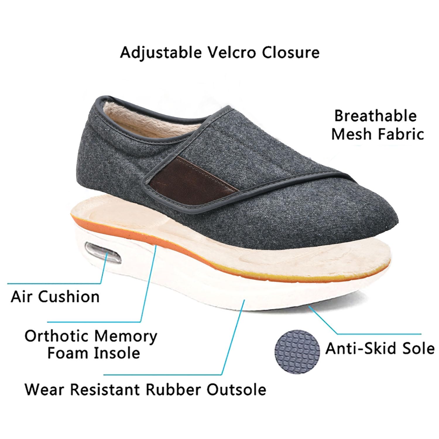 Zapatos Unisex de Verano para diabéticos: Extra Anchos, Transpirables y livianos, Personas Mayores con hinchazón de pies o Bursitis,Gris,46