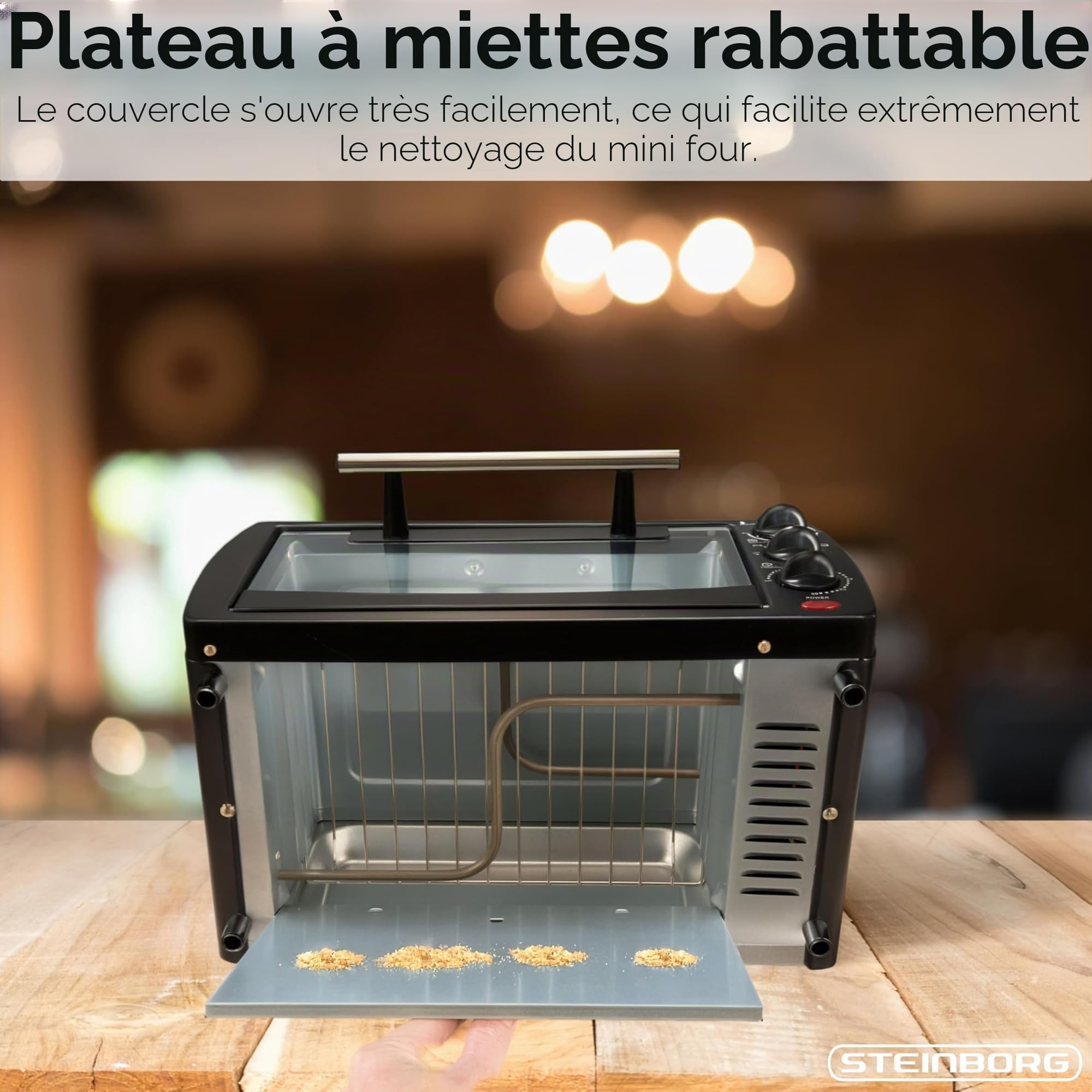 Steinborg Mini four 13 l - Plaque ramasse-miettes - Chaleur supérieure et inférieure - 1200 W - Mini four avec minuteur - Petit four pour le camping ou la maison - Autonome - Réglage en continu de la