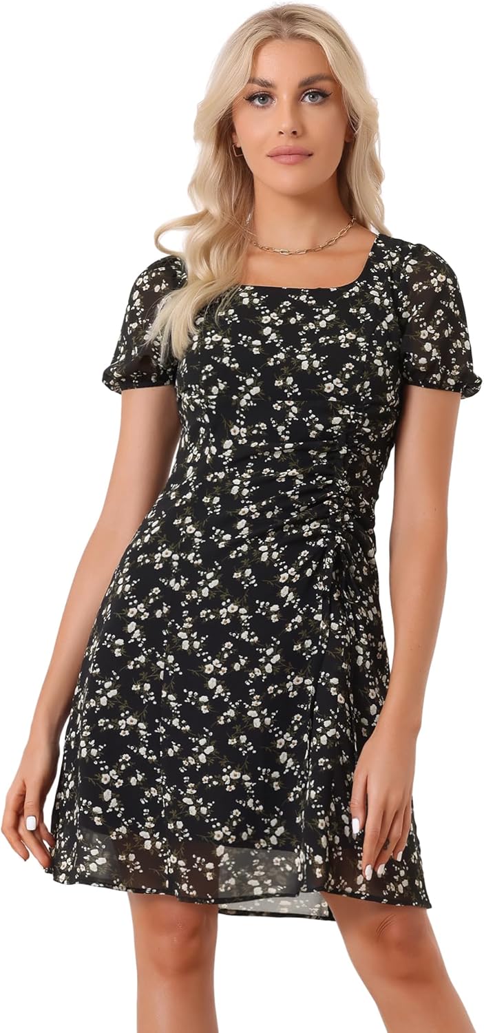 Allegra K Women's Floral Square Neck Short Sleeve Drawstring Ruched Dress