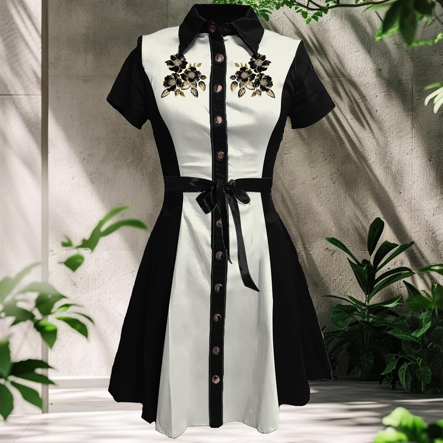 Business Casual Dress for Women Western Floral Short Sleeve Collared Button Down Fashion Aline High Waist Dress - Image 2