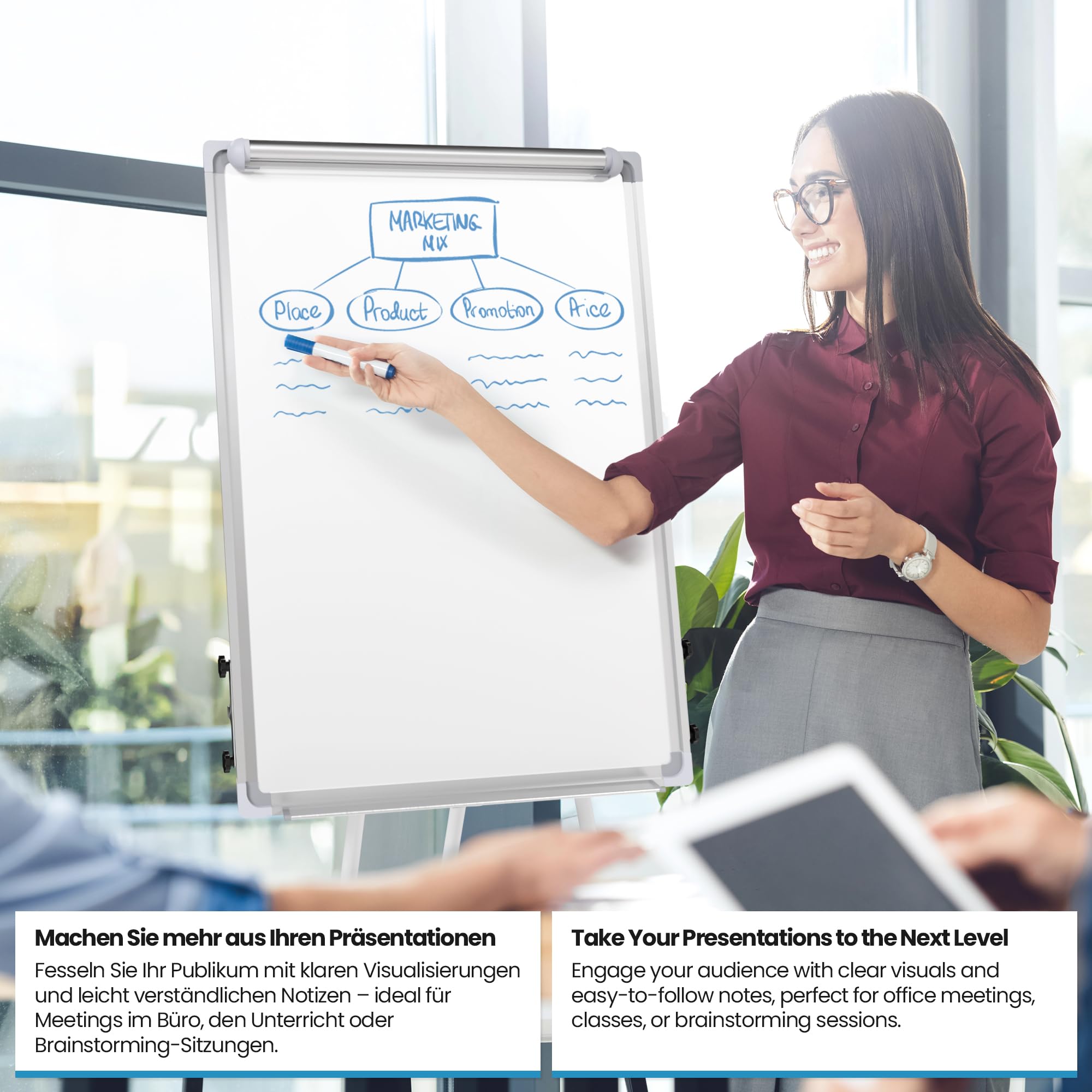 Jago® Chevalet de Conférence - avec Trépied Réglable en Hauteur, 60 x 90 cm, Magnétique, Effaçable, Incluant Marqueurs, Aimants, Papiers, Éponge - Paperboard, Tableau Magnétique Blanc