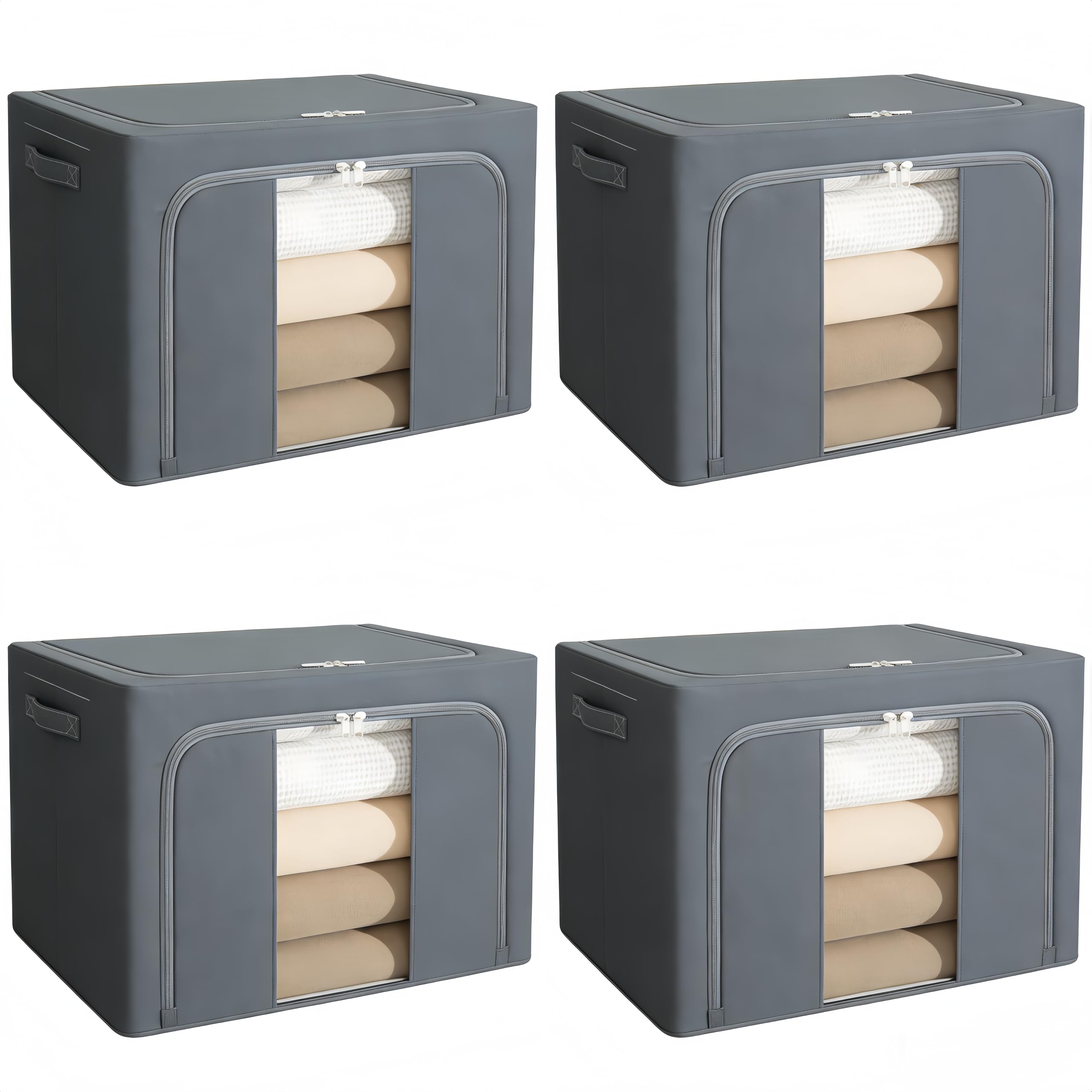 Large capacity clothing storage, bedding storage, thick Oxford cloth, foldable, dustproof, waterproof, one visible window, two doors, sturdy steel frame support, 4 pieces of 66 liter dark gray
