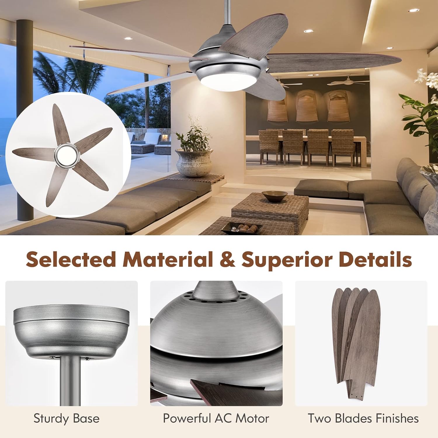 GOFLAME 52” Ceiling Fan with Lights, Modern Reversible Ceiling Fan with 3 Wind Speeds, Remote Control, 1/2/4/8H Timer, Dimmable Light, 5 Blades, Indoor Ceiling Fan for Living Room, Bedroom, Silver