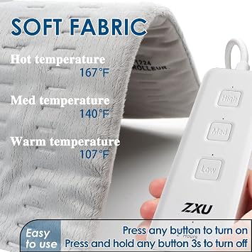 ZXU Heating Pad for Back Pain and Cramps Relief, 12 x 24 Ultra Soft Hot Heated Pad with3 Heat Setting, Moist Heat and Auto Shut-Off for Neck, Shoulder, Leg, Machine Washable