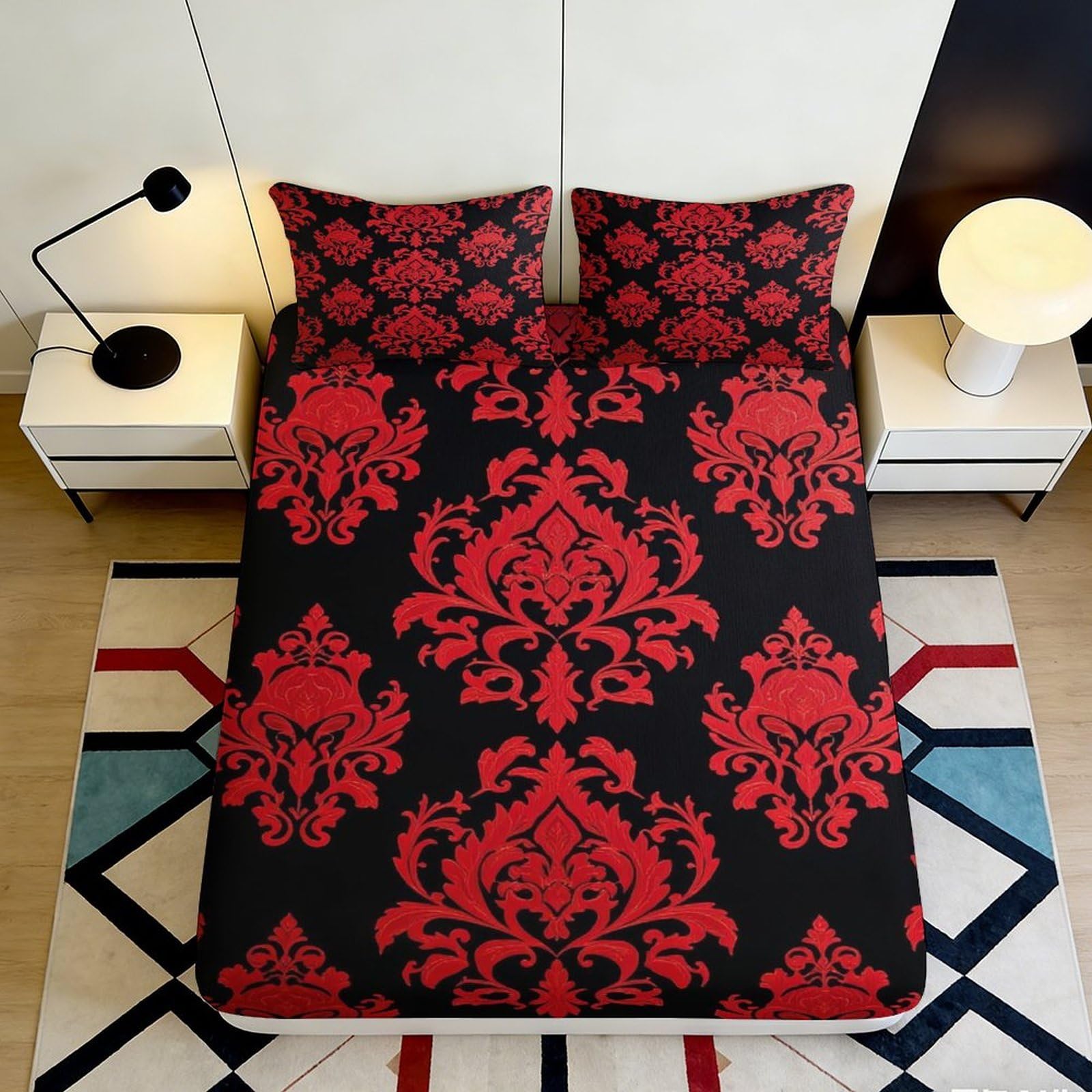 3D Printed Baroque Damask Fitted Sheet Microfiber Soft Red Black Bedding Decor Victorian Pattern Mattress Cover for Bedroom Guest Room 90x200x25cm