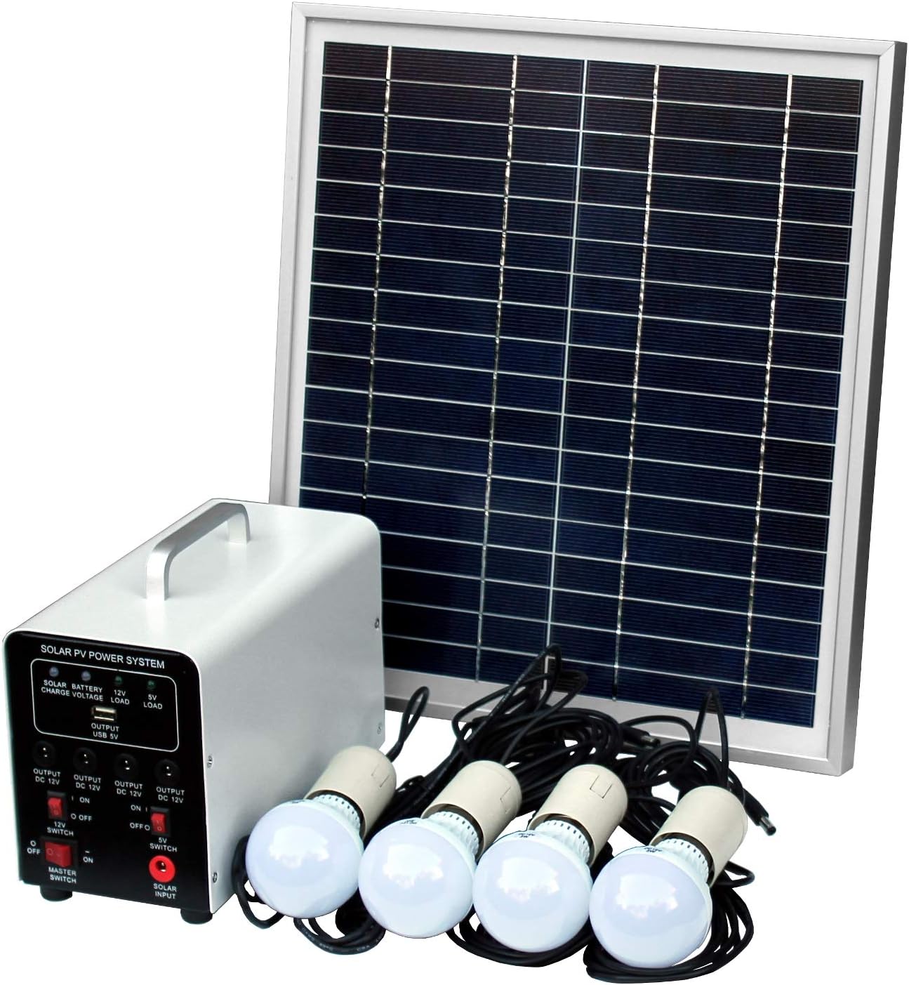 15W Off-Grid Solar Lighting System with 4 LED Lights, Solar Panel, Battery and Cables - Complete Solar Lighting Kit