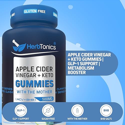 Herbtonics Gomitas Keto de vinagre de sidra de manzana, apoyo a la digestión y la desintoxicación, fórmula avanzada Keto BHB sin azúcar para
