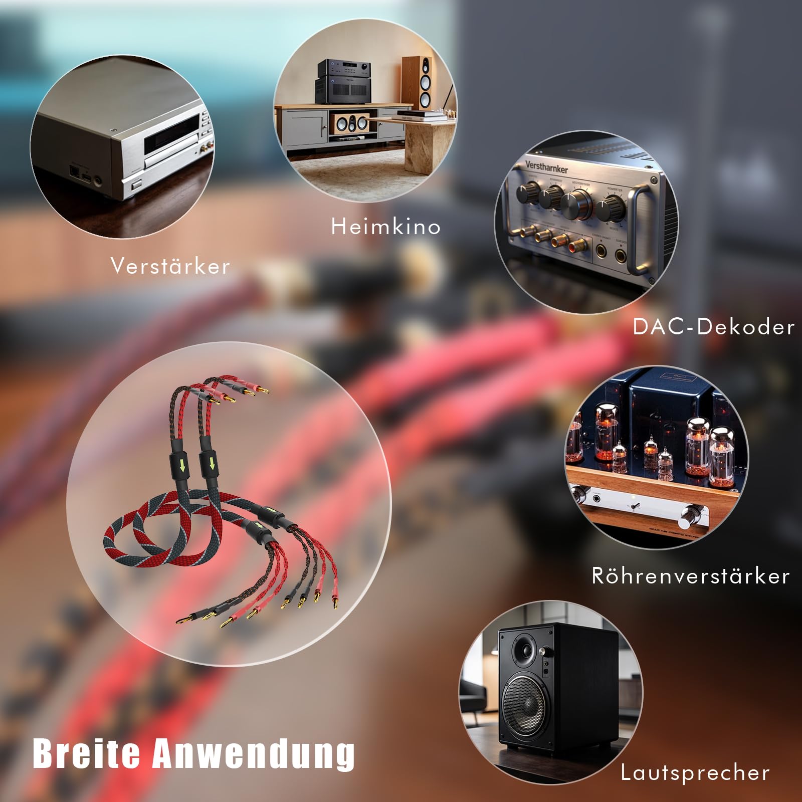 Monosaudio 1 paio di cavi per altoparlanti HiFi, in rame OFC intrecciato, con connettori a banana placcati in oro 24 K, anello anti-interferenza, per amplificatori, altoparlanti, home theater e studio