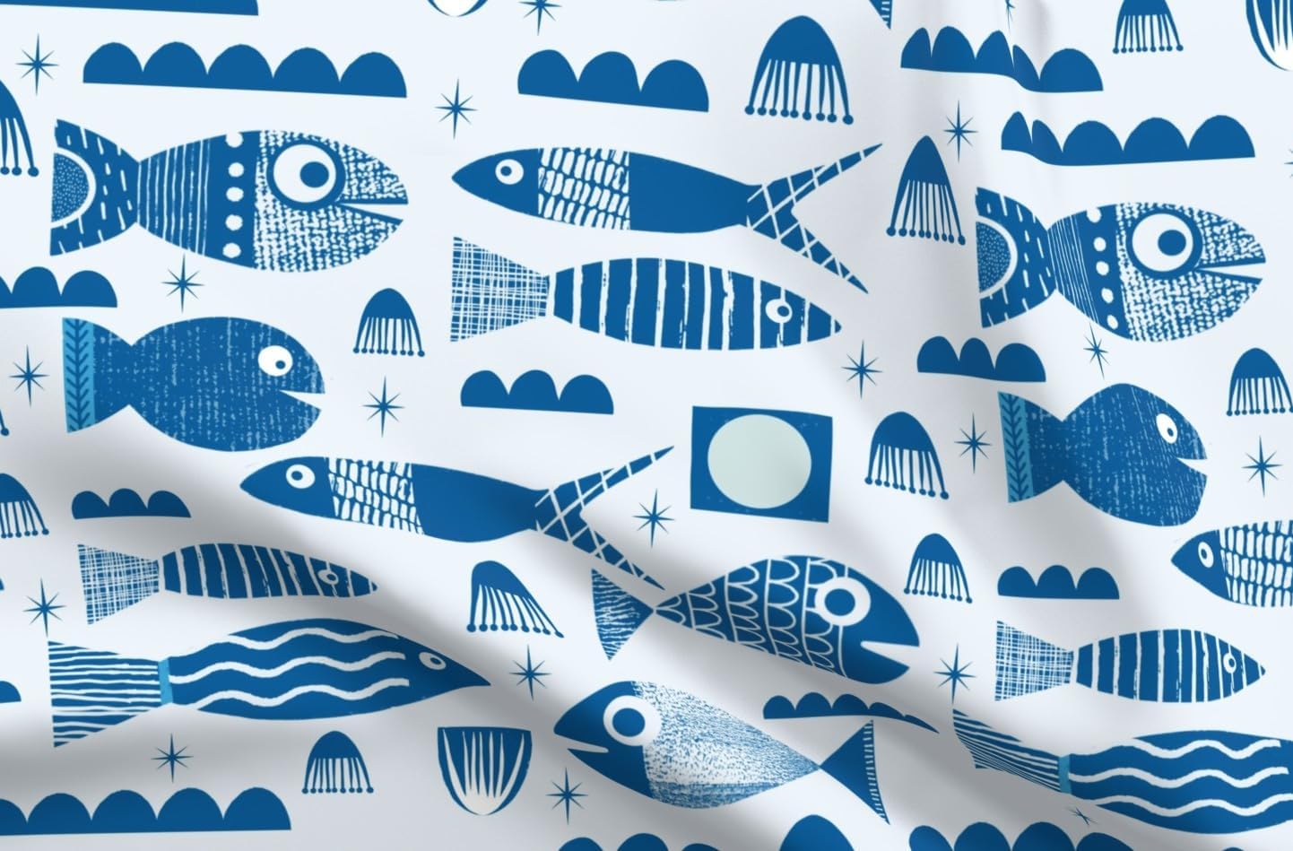 Spoonflower Fabric - Blue Retro Fish Sea Nautical Life Ocean Coastal Chic Mid Century Printed on Petal Cotton Fabric Fat Quarter - Sewing Quilting Apparel Crafts Decor