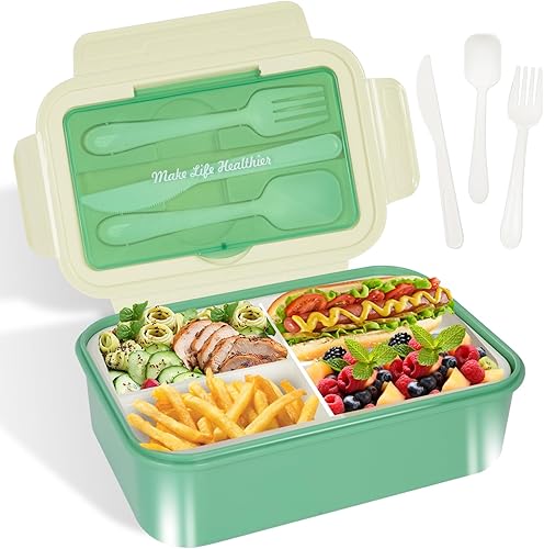 Lonchera Bento para adultos, caja Bento de 47 onzas para niños, lonchera para adultos de 3 compartimentos, a prueba de fugas, con cuchara y tenedor,