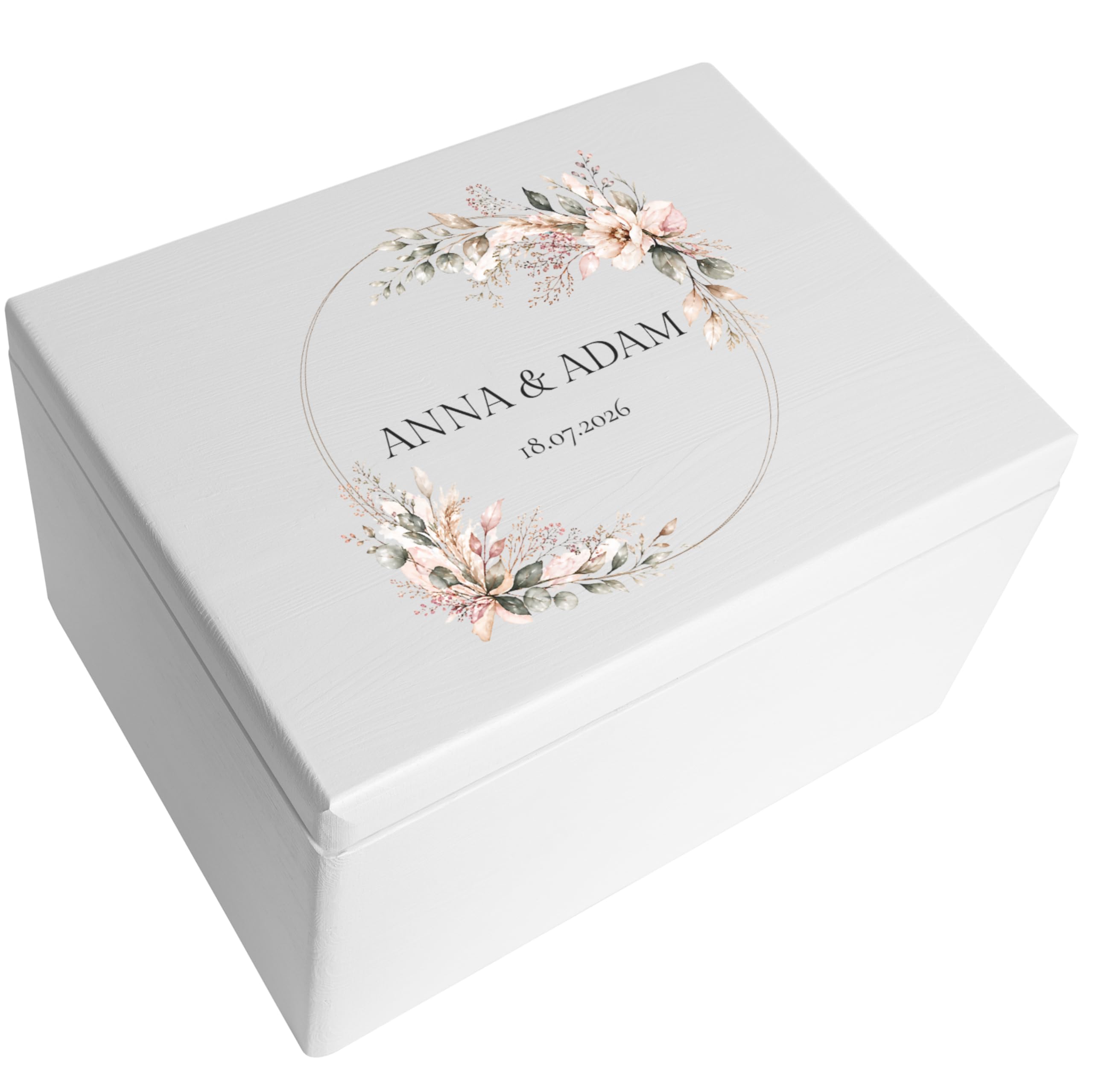 Creative DECO Personalizada Caja de Regalos Originales para los Novios Boda | Regalo Blanca | Caja Madera de Recuerdos Especiales | Parejas Aniversario Matrimonio | Motivo Corona y Flores Nombres Fecha
