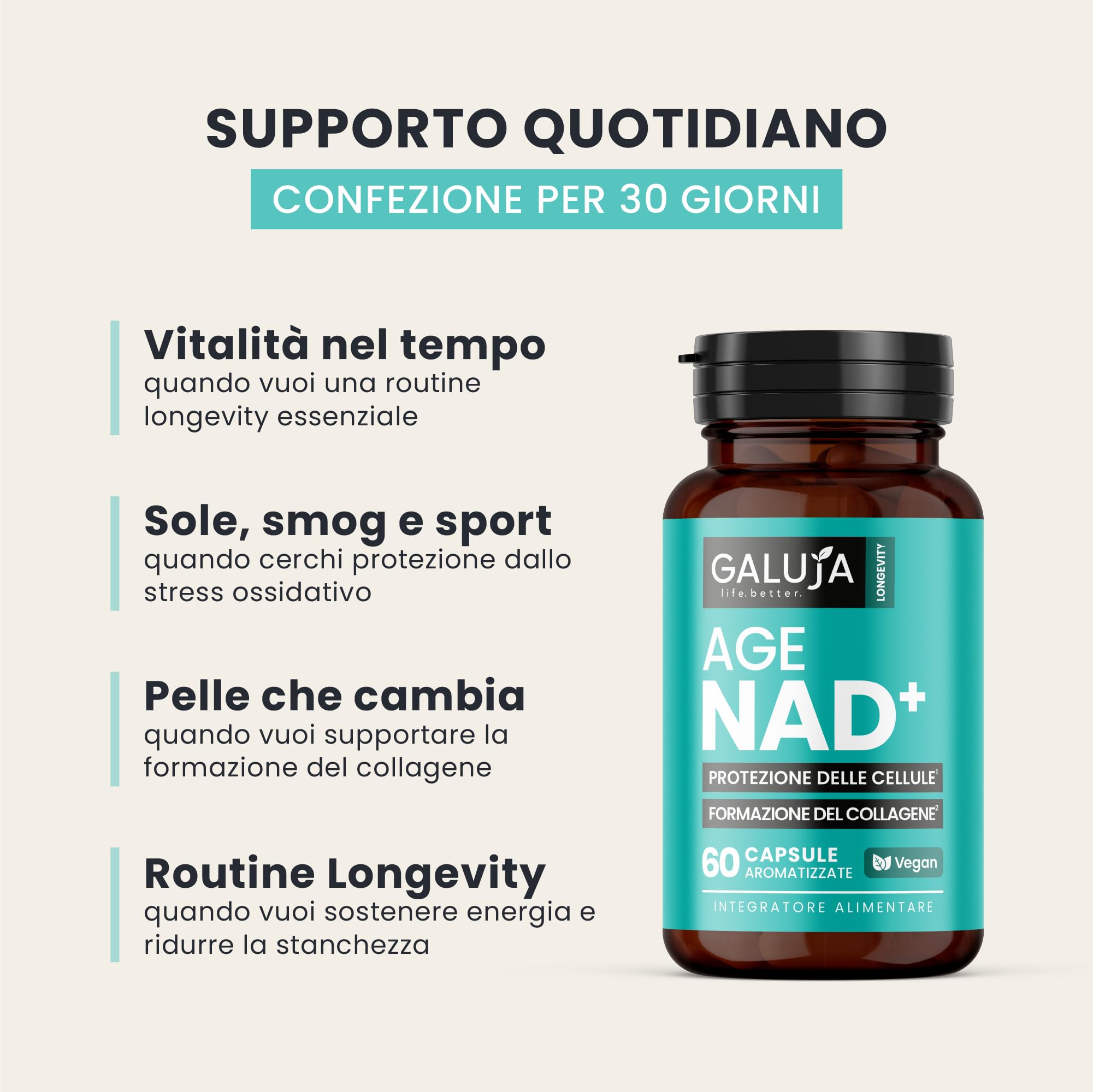 Age NAD+ - Integratore Longevity - NR 300 mg - 30 giorni (60 caps) - Vegan, senza glutine e lattosio, aroma pesca - Antiossidanti - Collagene - Energia - Vitamina C, Zinco, Selenio