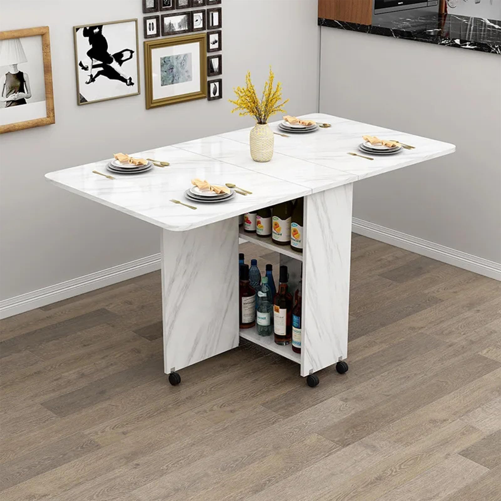 Multifunctional Folding Dining Table - 4-Person Dining Table Set with Wheels,set folding table，Convenient and Space-Saving (White)