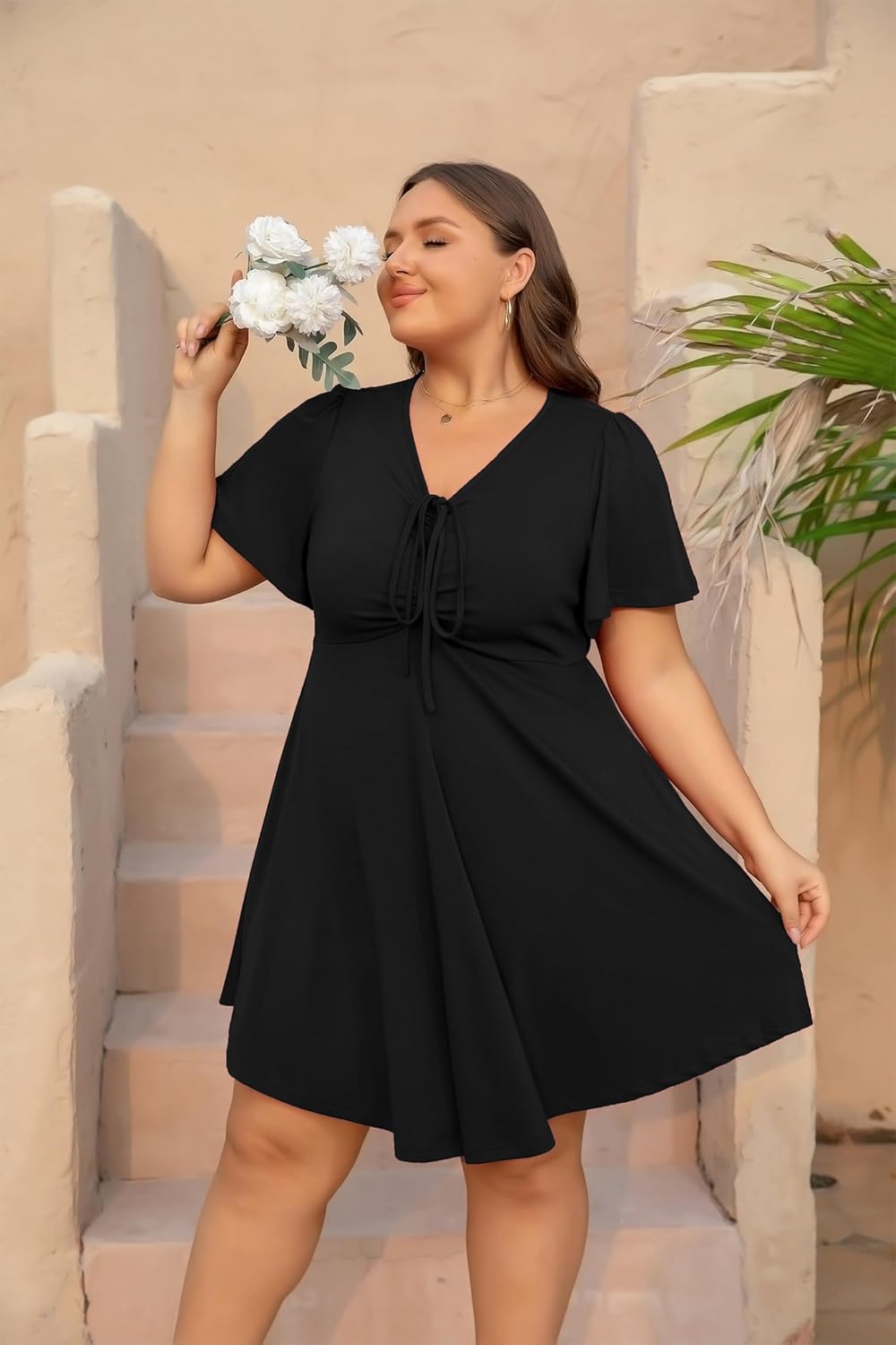 Women's Plus Size Dresses Casual Flowy Dress with Pocket Short Ruffle Sleeve V Neck Drawstring Bow Summer - Image 2