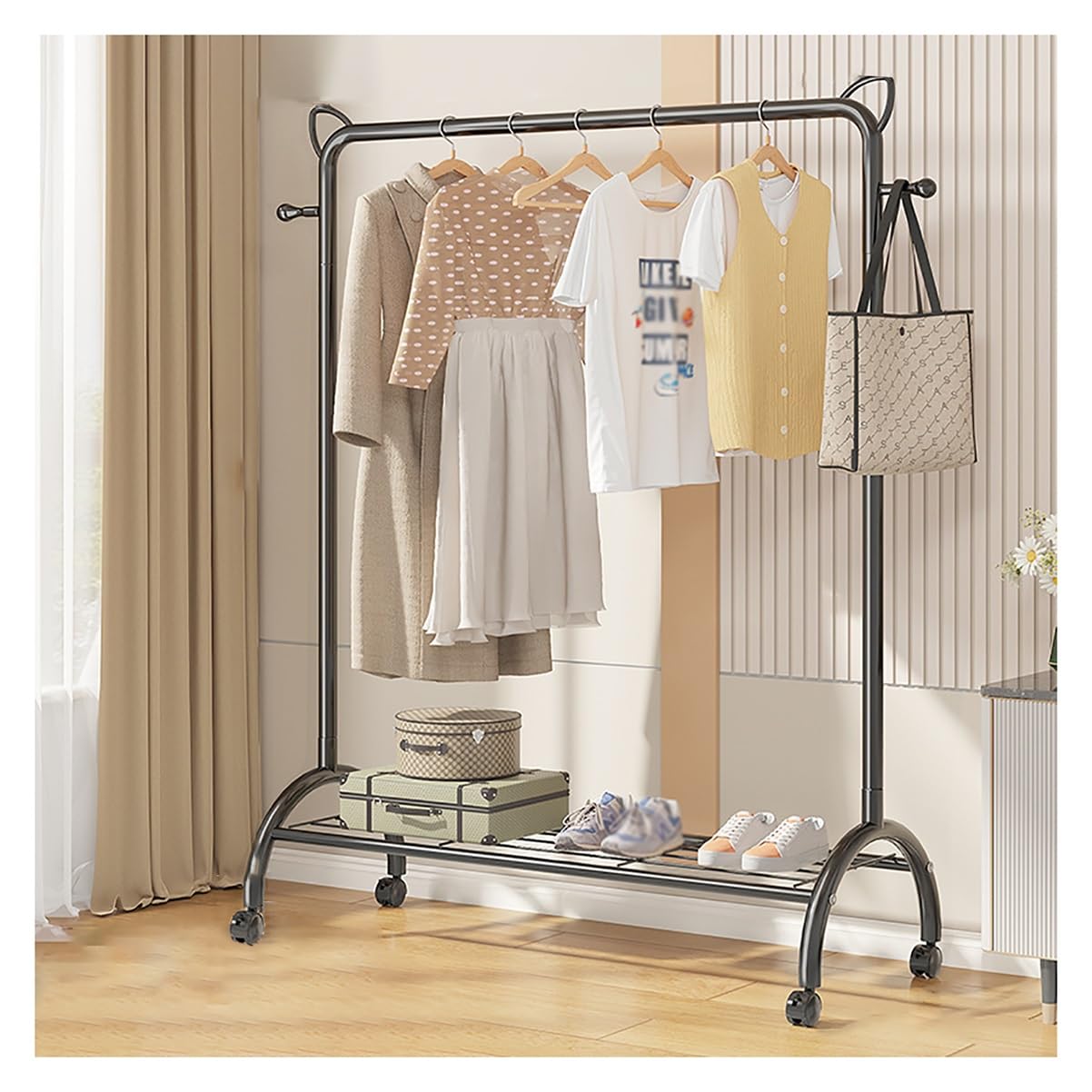 Appendiabiti autoportante in metallo con 2 ganci e ripiani aperti, perfetto per casa e camera da letto, facile da montare, colore nero, dimensioni 100 cm