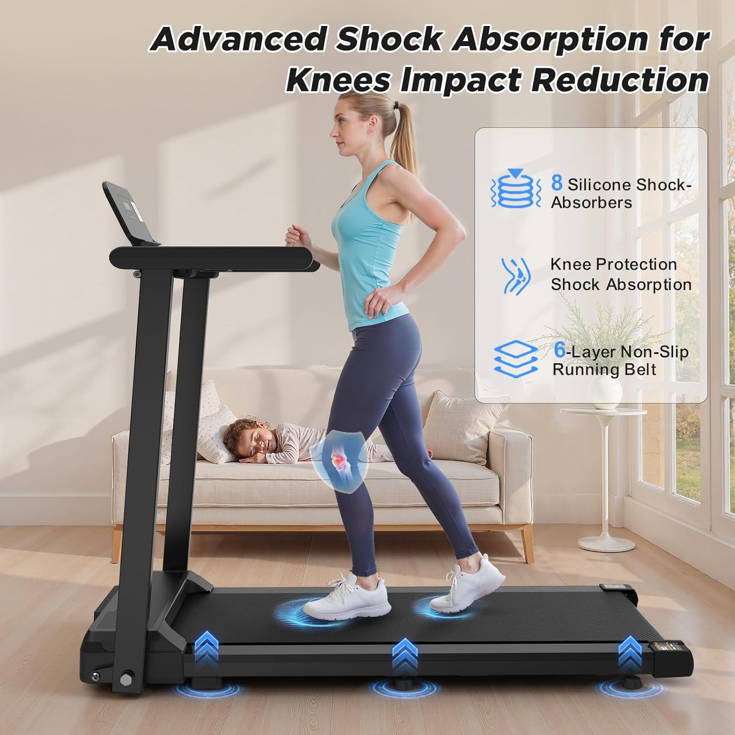Folding Treadmill with Handles - 2.5HP Ultra-Quiet Electric Treadmill for Home, 300LBS Capacity, 12 Programs, Shock Absorption, Compact Treadmills for Small Spaces, Office, Walking & Running