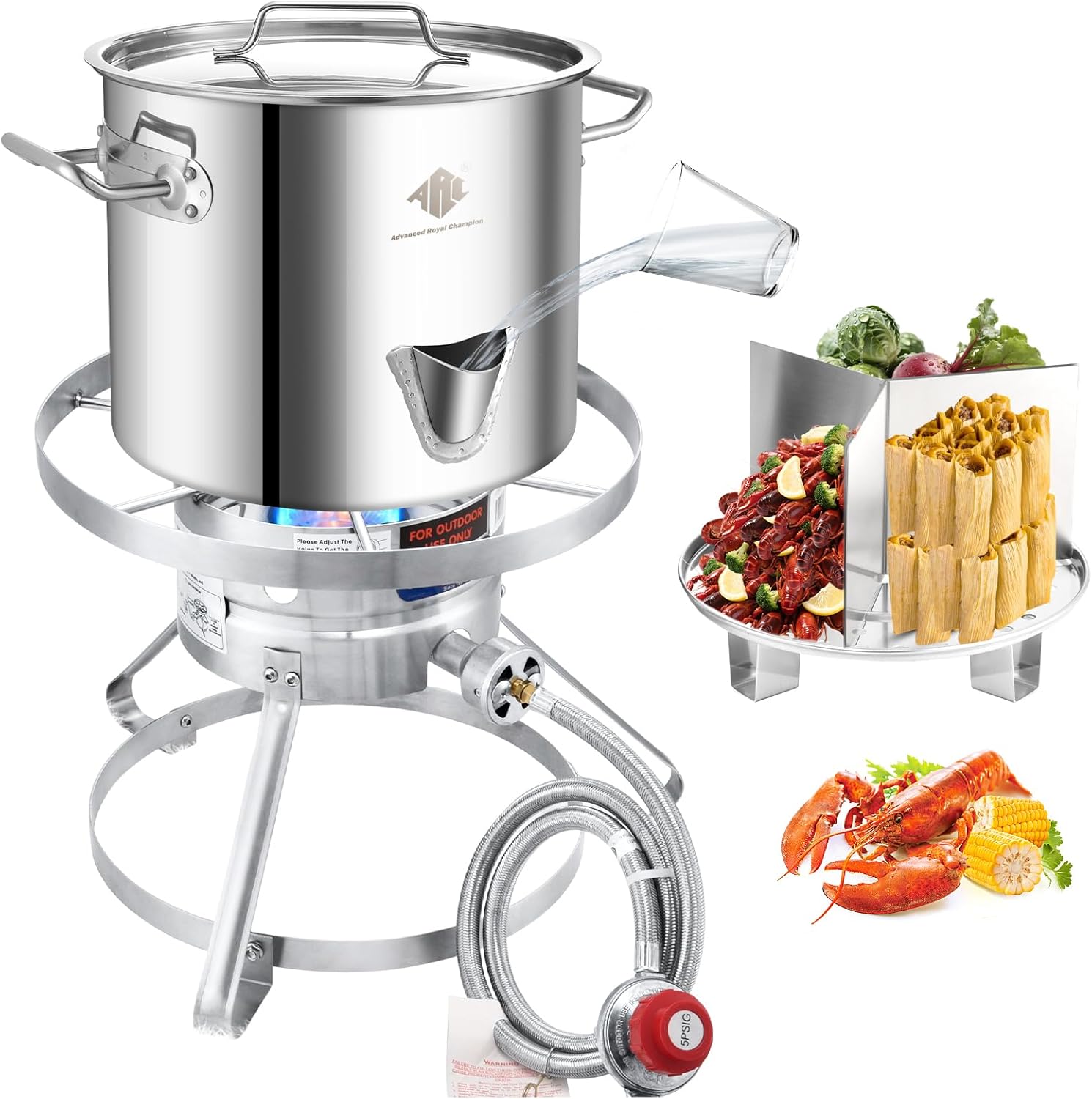ARC Steaming Kit，37,000BT Utainless Steel Single Burner Propane Stove，Steamer Pot w/Easy-fill Water Spout, Divider and Steamer Rack, Seafood Crab-Vegetable-Vaporeras para Tamale Steaming, Outdoor Cooking (20QT)