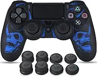 YoRHa Película de silicone esculpida a laser para controlador PS4 x 1 (caveiras azul) com exclusivo punho de polegar x 8
