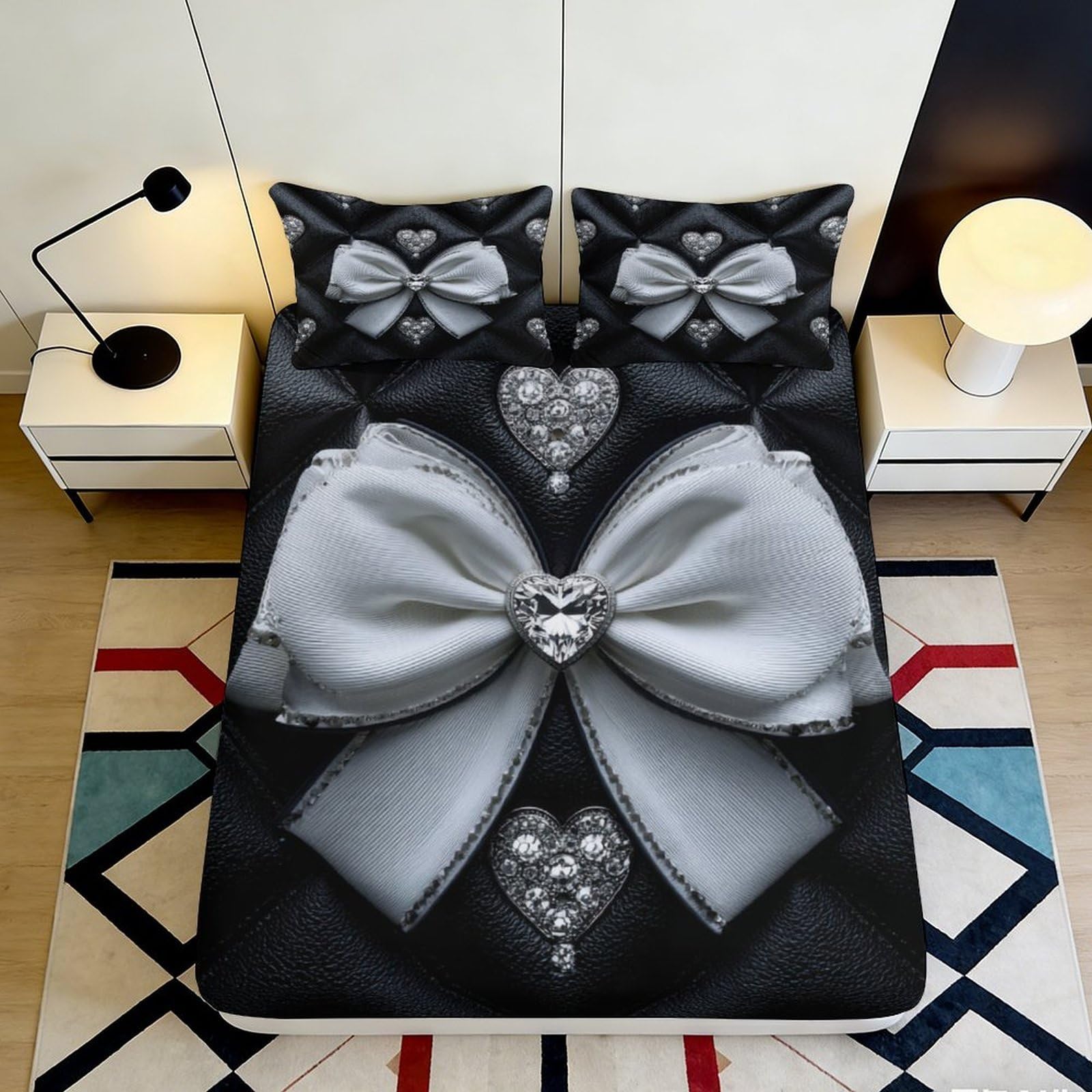 Pnayamiorkfel Style-8 3D Printed Diamond Heart Bow Fitted Sheet Microfiber Black Silver Bed Cover For Bedroom Guest Room Dorm Mattress Decor 90X200x25cm