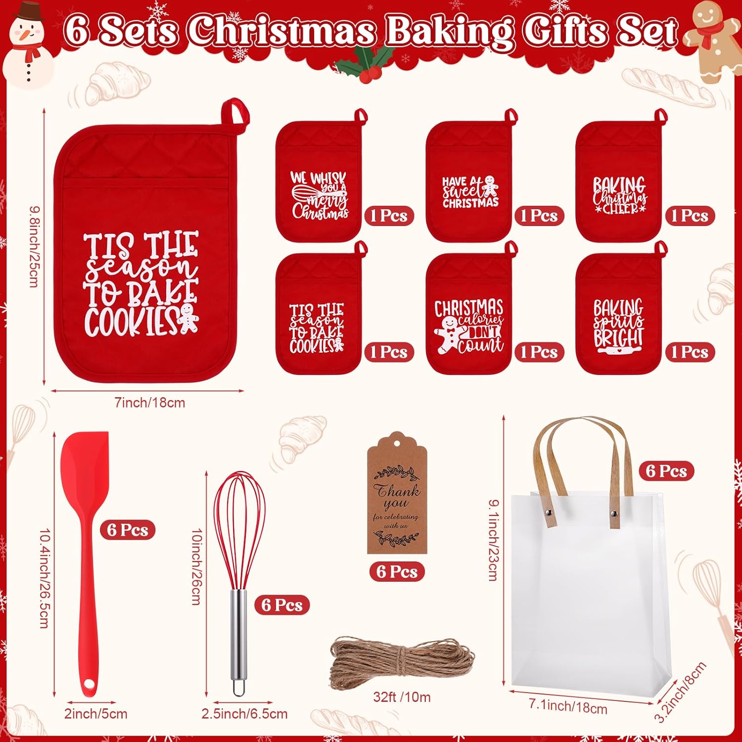 Remerry 6 Sets Christmas Baking Gifts Set Christmas Oven Mitts Pot Holders Red Oven Mitts Set Silicone Whisks Spatulas Greeting Card Rope Plastic Bags for Neighbor Employee Xmas Cooking Gifts Supplies