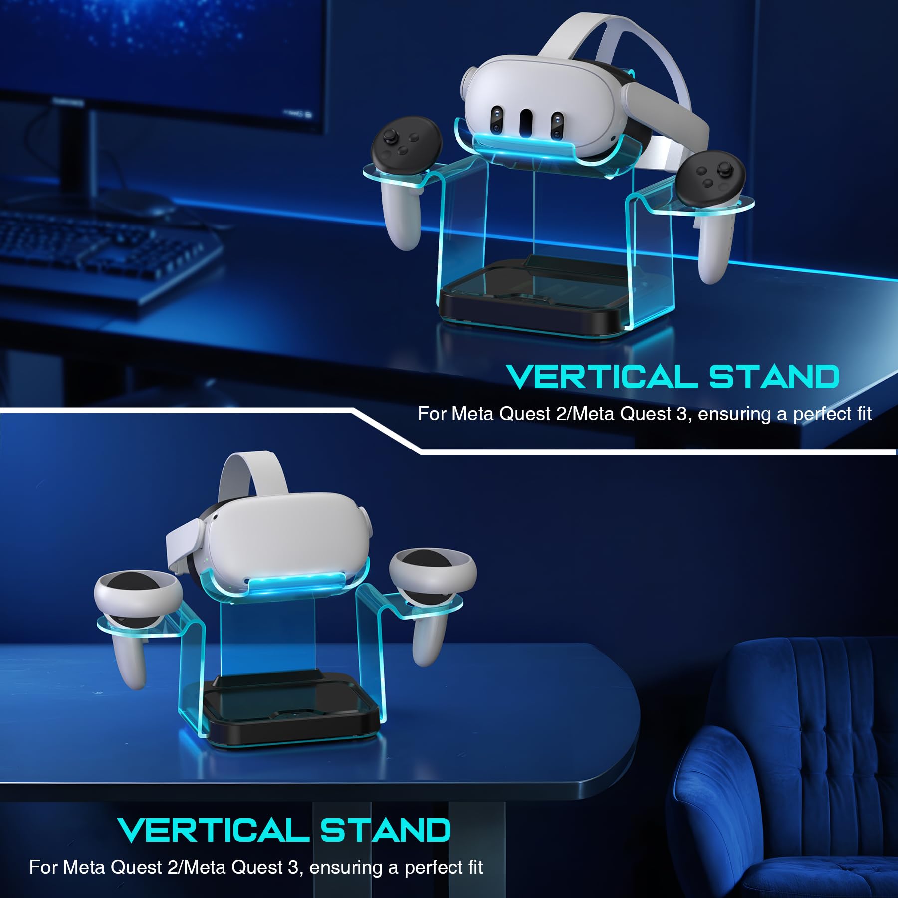Szybka stacja ładująca VR do Meta Oculus Quest 3: stacja ładująca LED Quest do Oculus 2 Aceesories - stojak na kontroler RGB z 4 akumulatorami do Meta Quest 3S